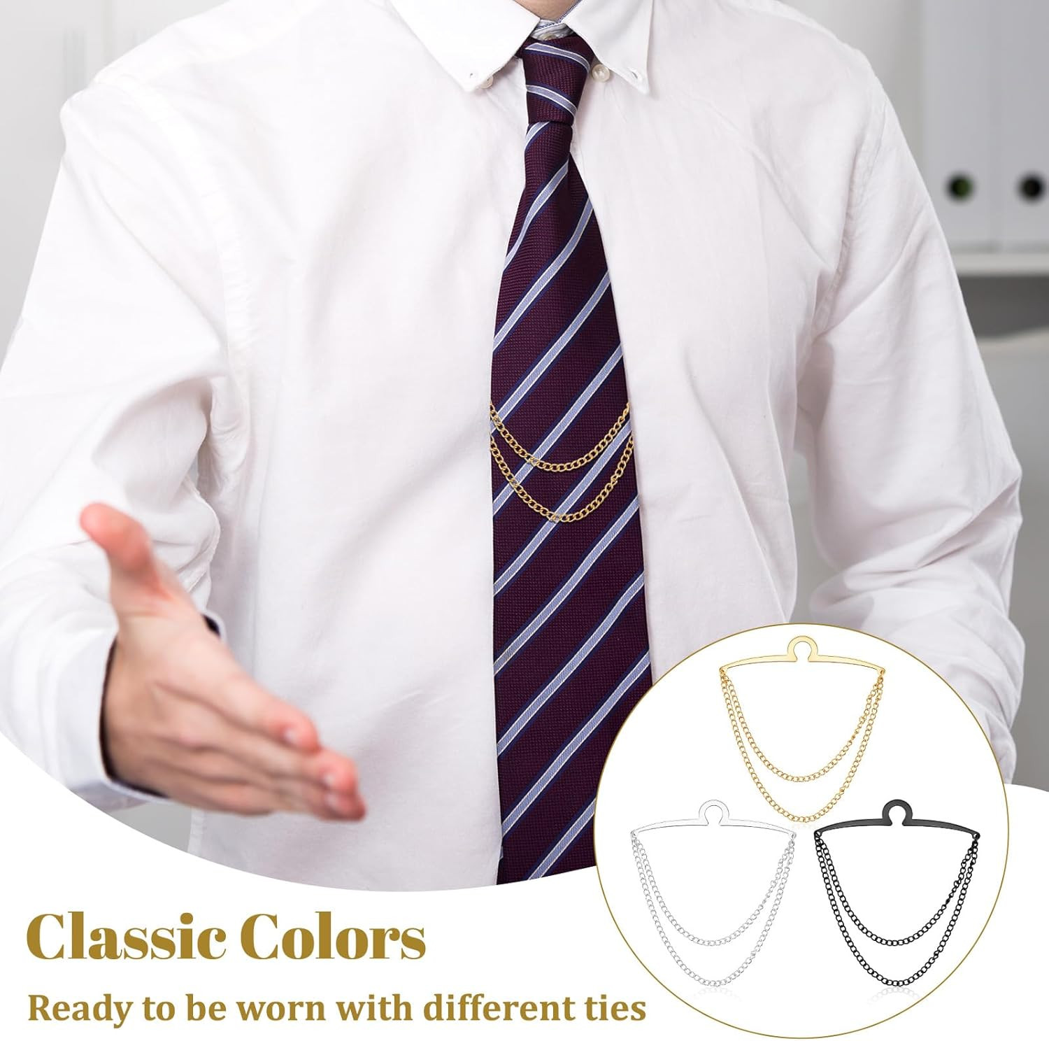3 Pack Tie Chain for Men, Necktie Chains with Ring Clasps, Elegant Tie Clips, Su