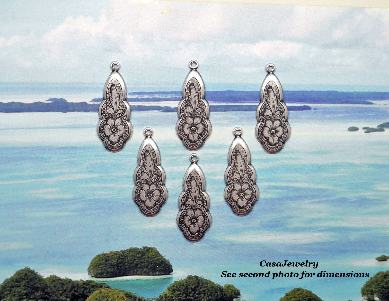 #0145 ANTIQUED .925 STERLING SILVER PLATED FLORAL DROP W/TOP HANG RING – 6 Pcs