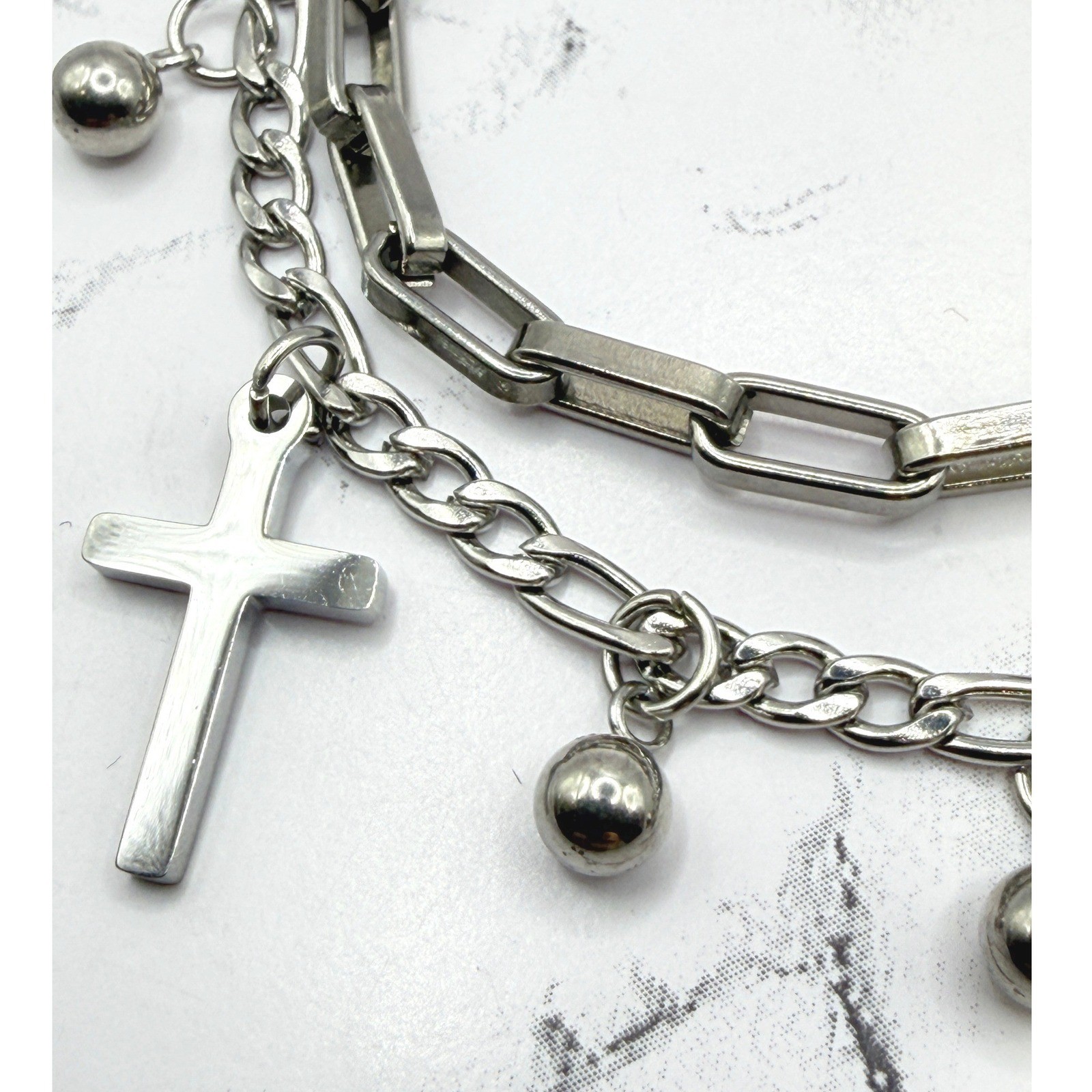 New Stainless Steel Cross Charm Layered Bracelet Silver Multi Strand 6.5–8.5″