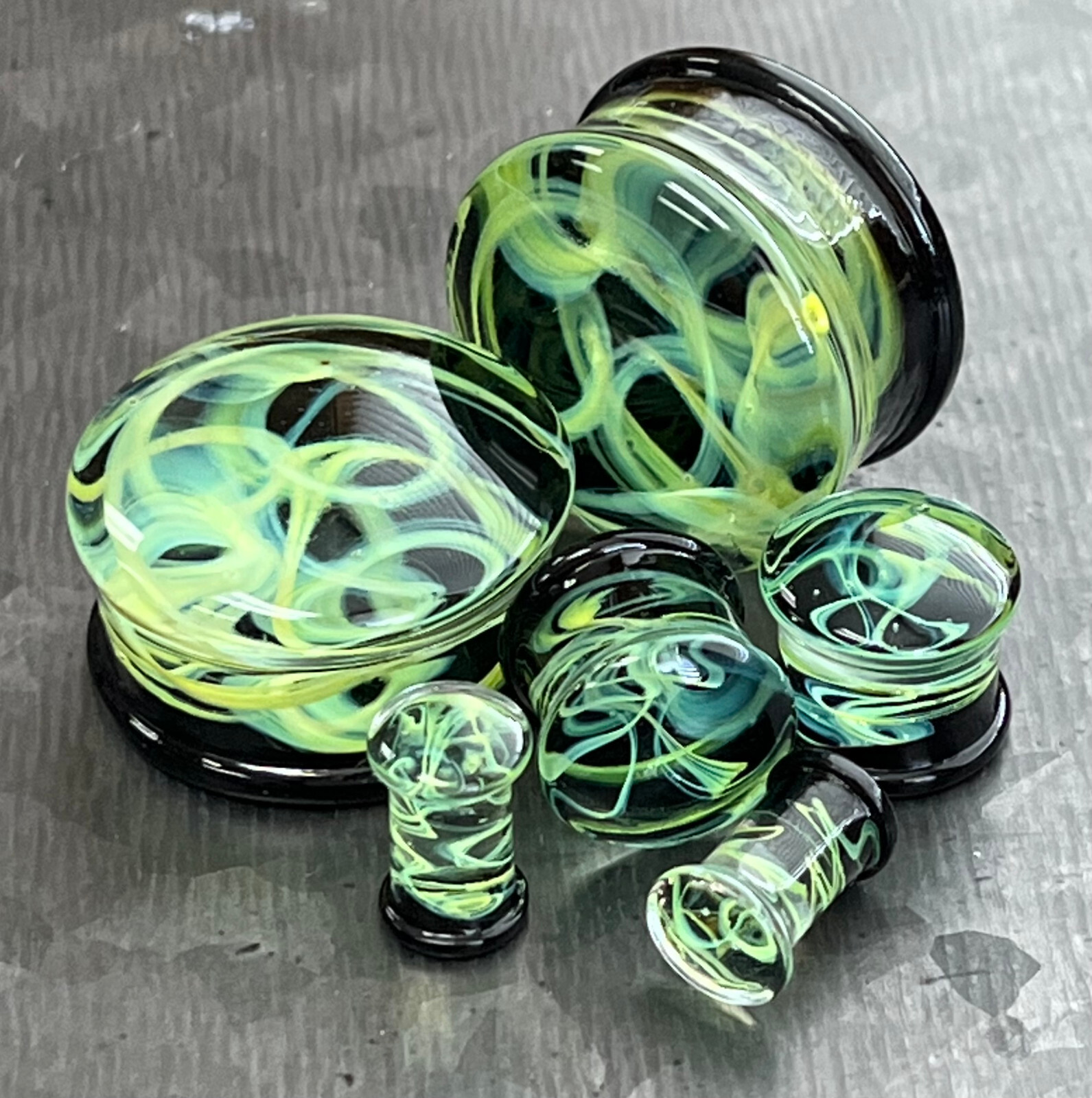 PAIR of Green Swirling Smoke Style Pyrex Glass Double Flare Plugs Body Jewelry