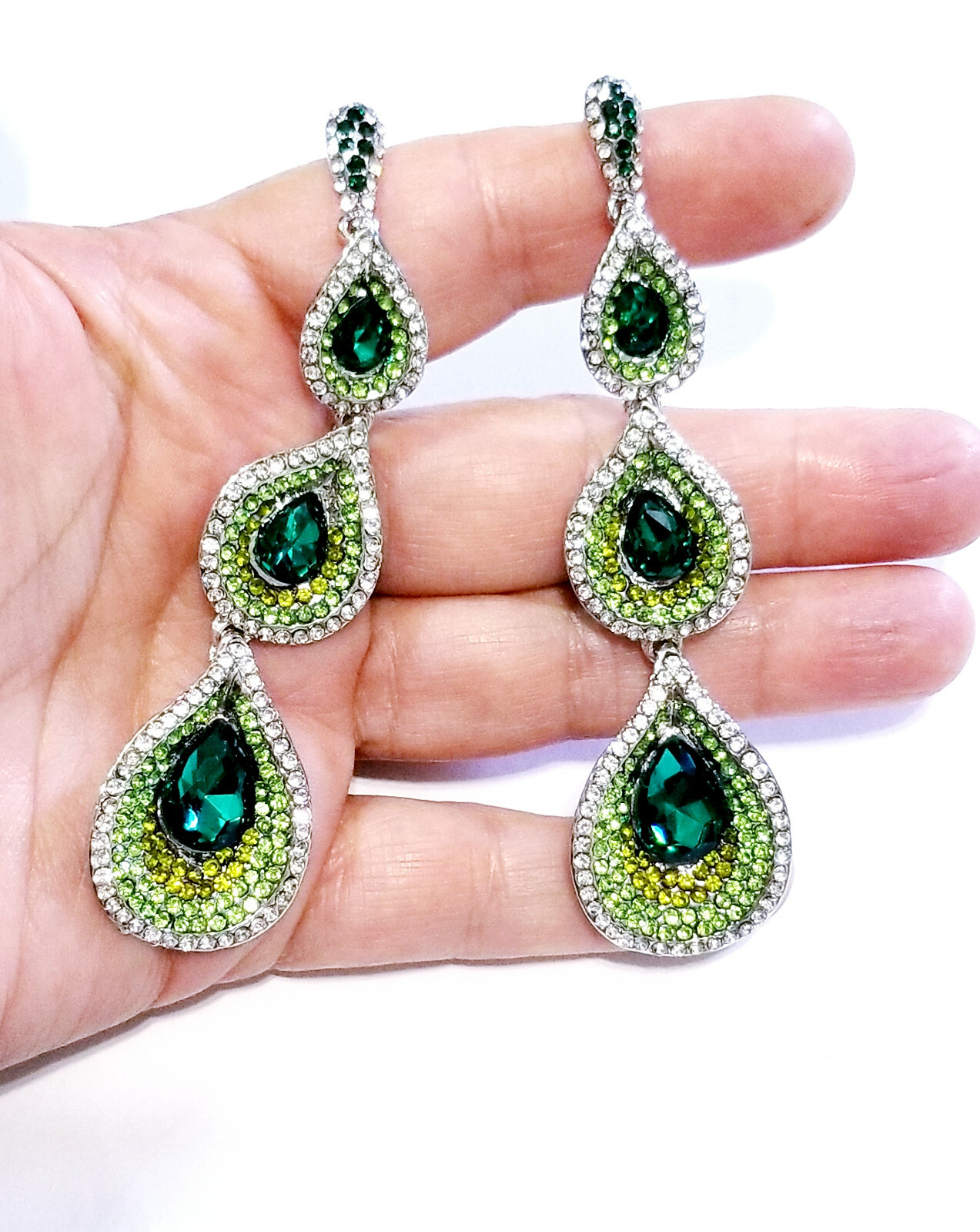 Chandelier Earring Green Rhinestone Crystal 3.8 in Peacock