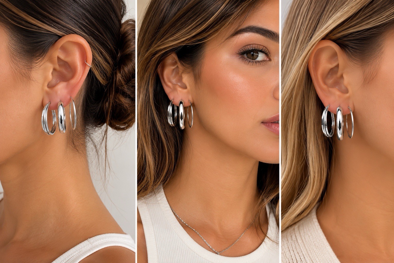 Silver Tone Round Hoop Earrings Set 3 Pairs Hinged Closure No Stone Metal