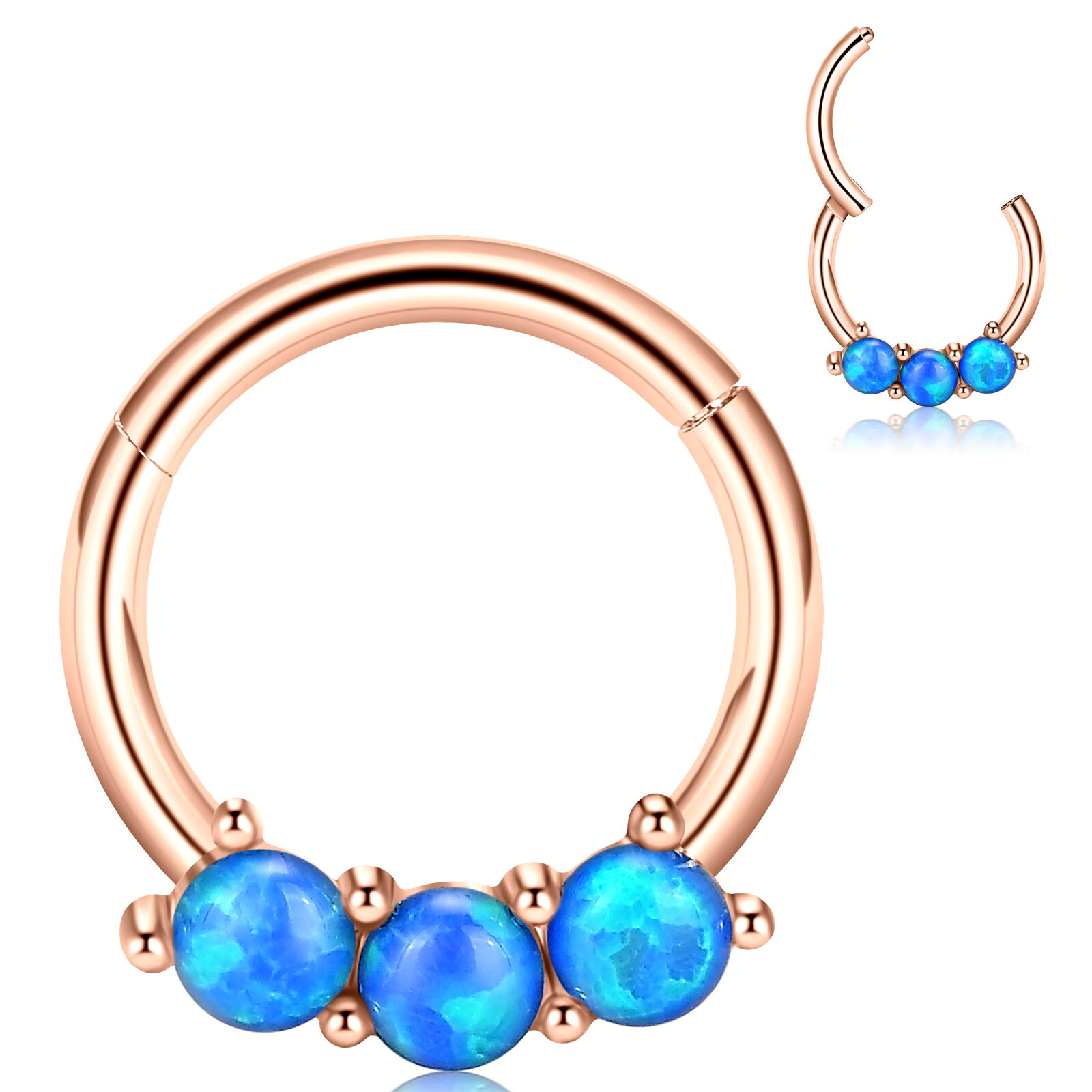 2pcs Silver+Rosegold Opal Nose Hinged Hoop Piercing Segment Ring Earring Studs