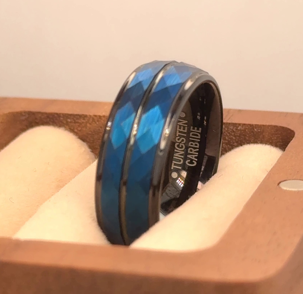 Black and Blue Tungsten Ring Hammered Matt Finish Band Gift Ring For Her