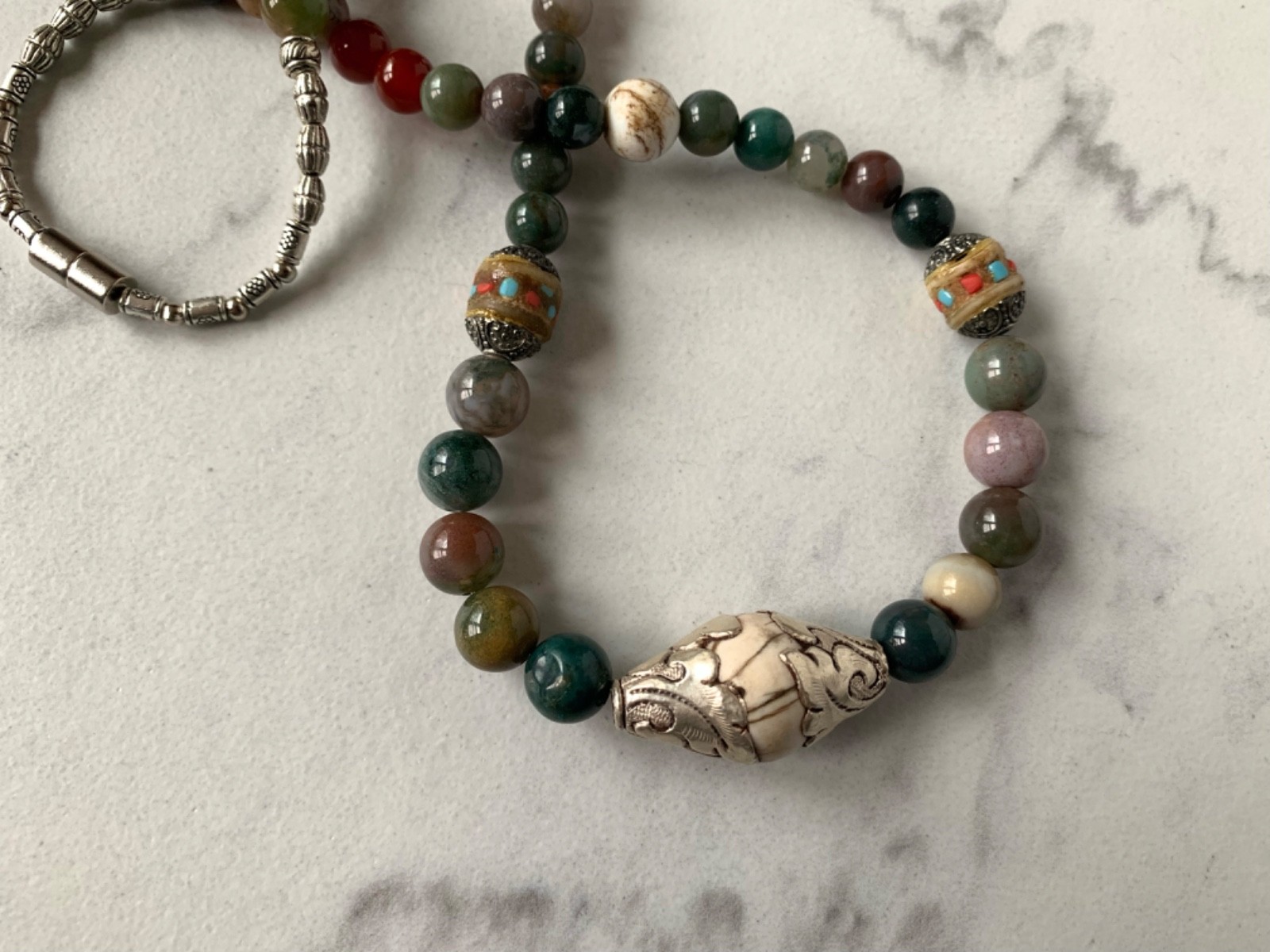 Moss Agate, Yak Bone, Conch Shell Focal Bead 21″ Necklace32