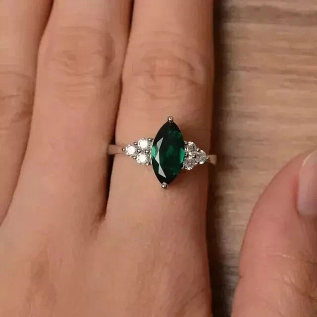 2Ct Marquise Lab-Created Emerald Diamond Engagement Ring 14K White Gold Plated