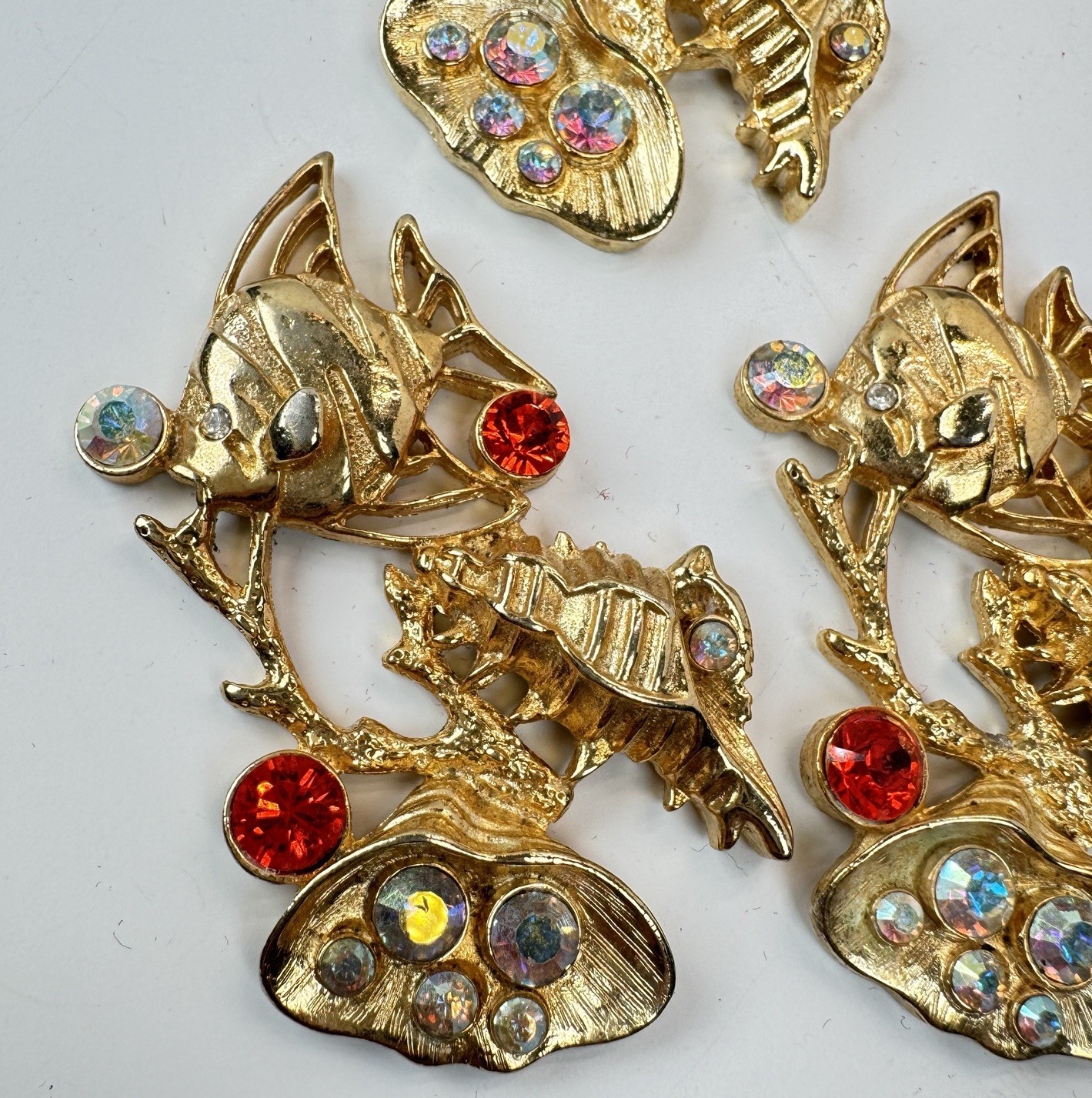 Lot Of 6 VTG Gold Tone Rhinestone Fish Shell Findings Brooch Jewelry Making