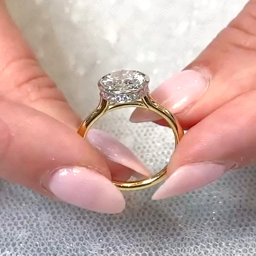3.85Ctw Oval Moissanite Bezel Hidden Halo Engagement Ring In 14K Two-Tone Gold