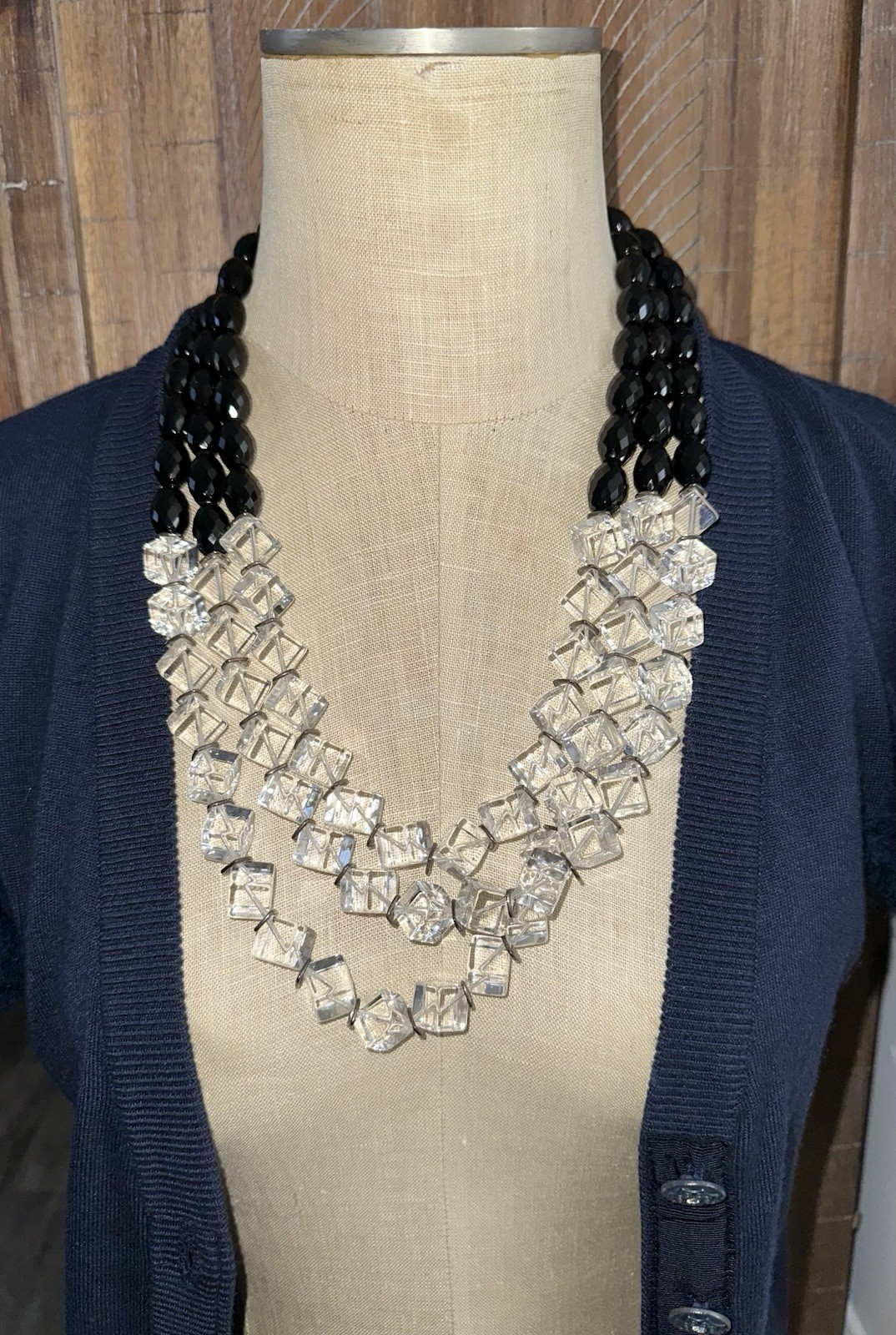 Simon Alcantara Faceted Black Bead Cube Quartz Clear Strand Statement Necklace