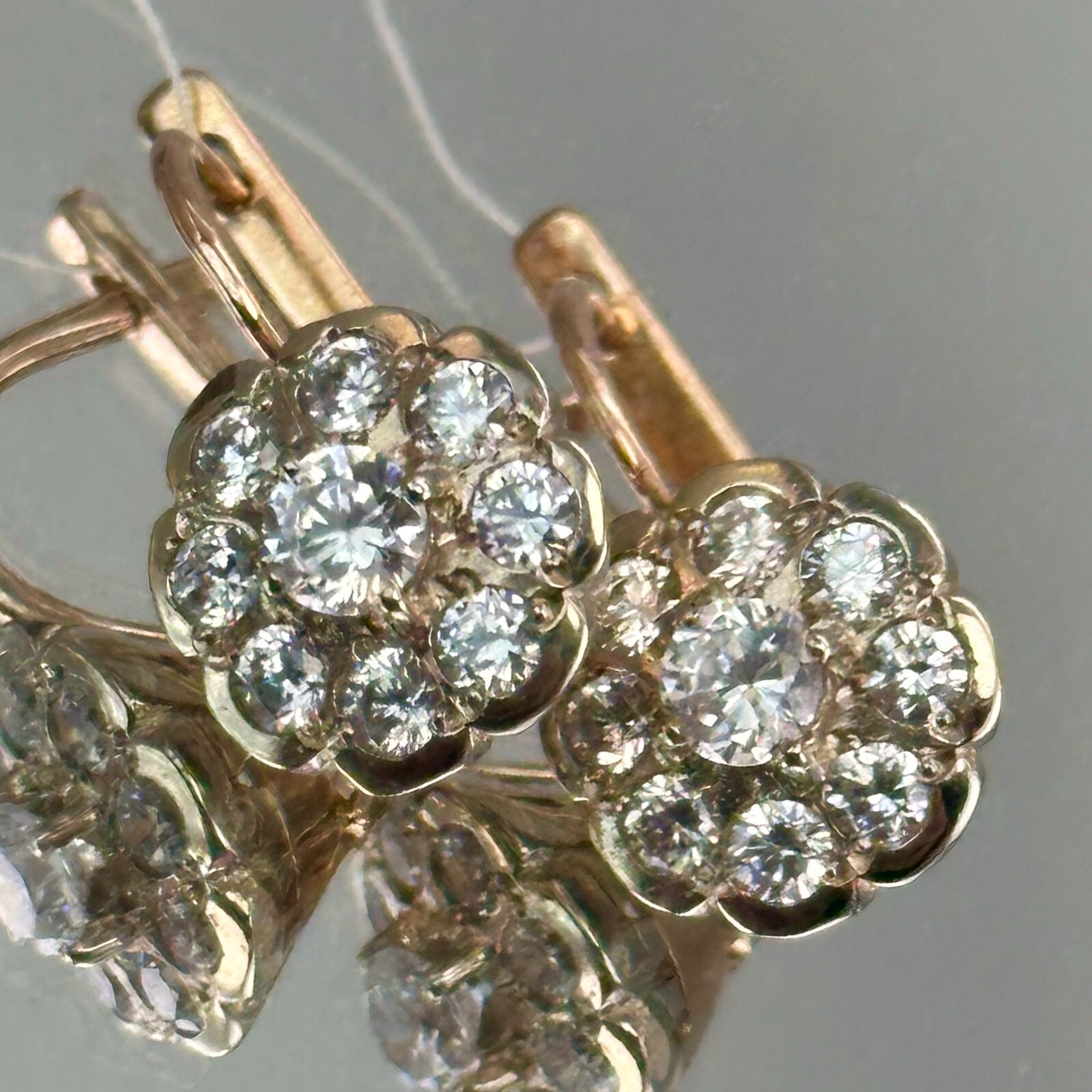 Vintage Original Rose & White Gold Cubic Zirconia Earrings 585 14K 7.36 g. 1990s