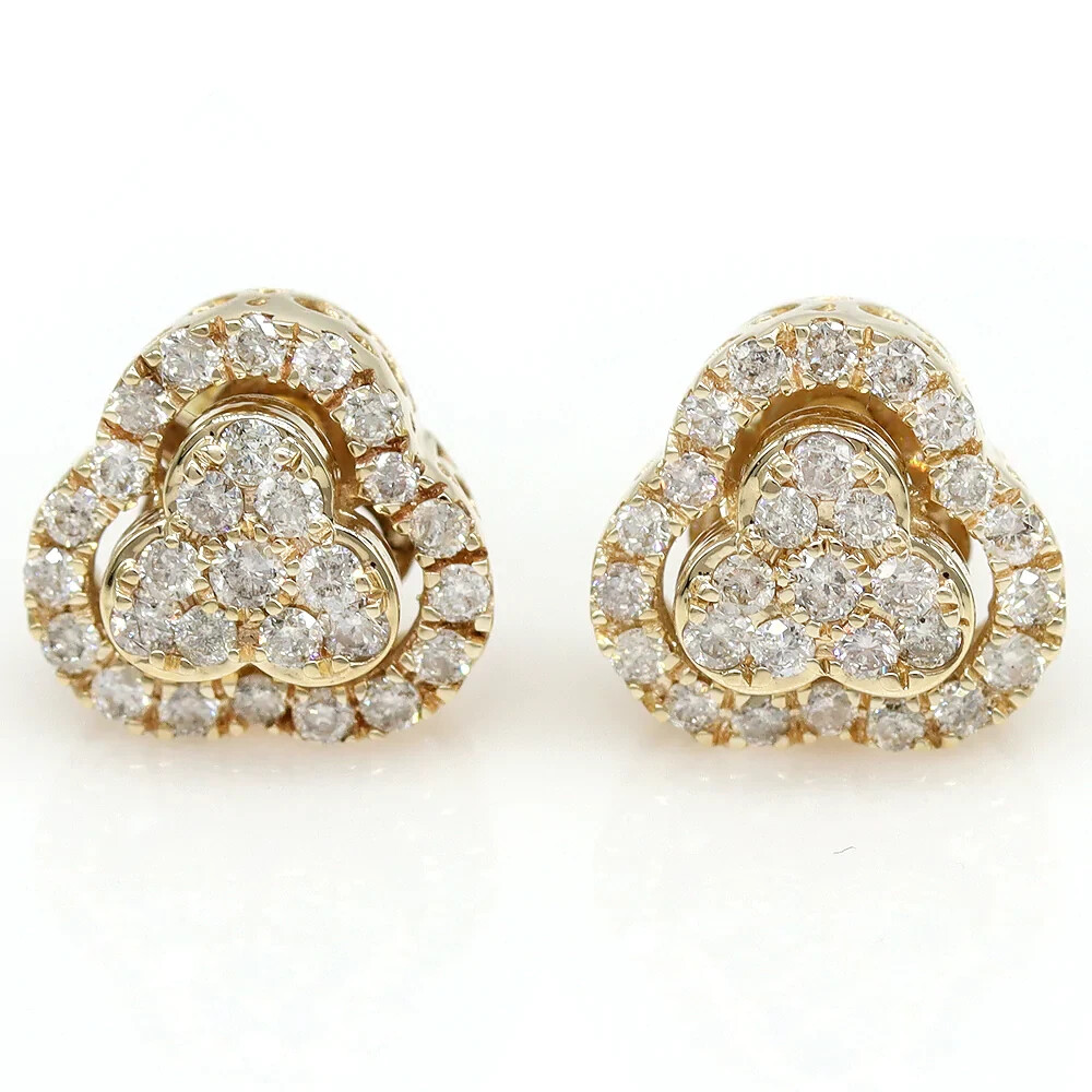 0.89 Carat Round G-H Diamond Micro-pave Clover Earrings Studs in 14k Yellow Gold