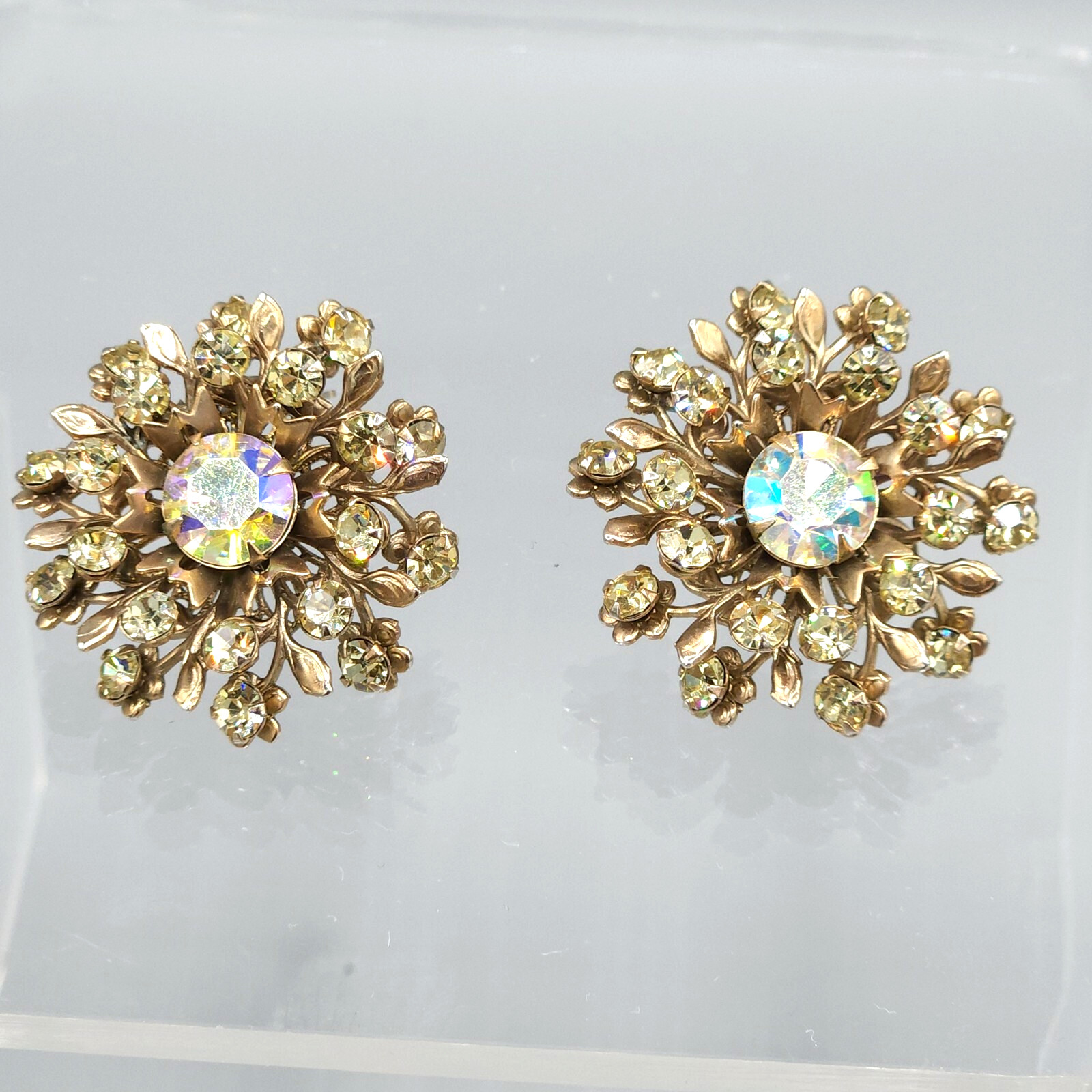 Large Jonquil and Aurora Borealis Rhinestone Gold Tone Fiigree Clip Earrings