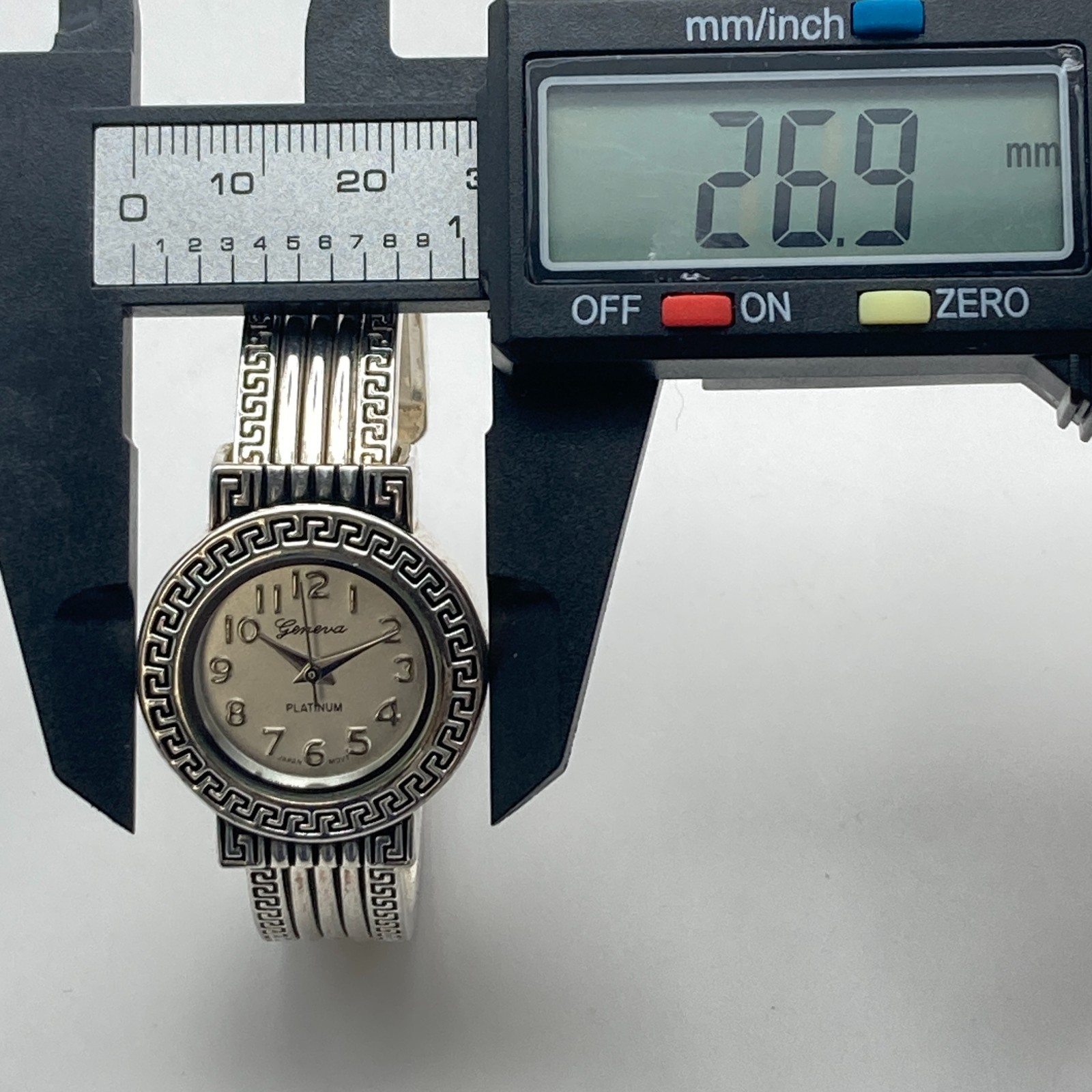 Geneva Women’s Watch 27mm Greek Key Silver Tone Cuff Round New Battery 6.25″