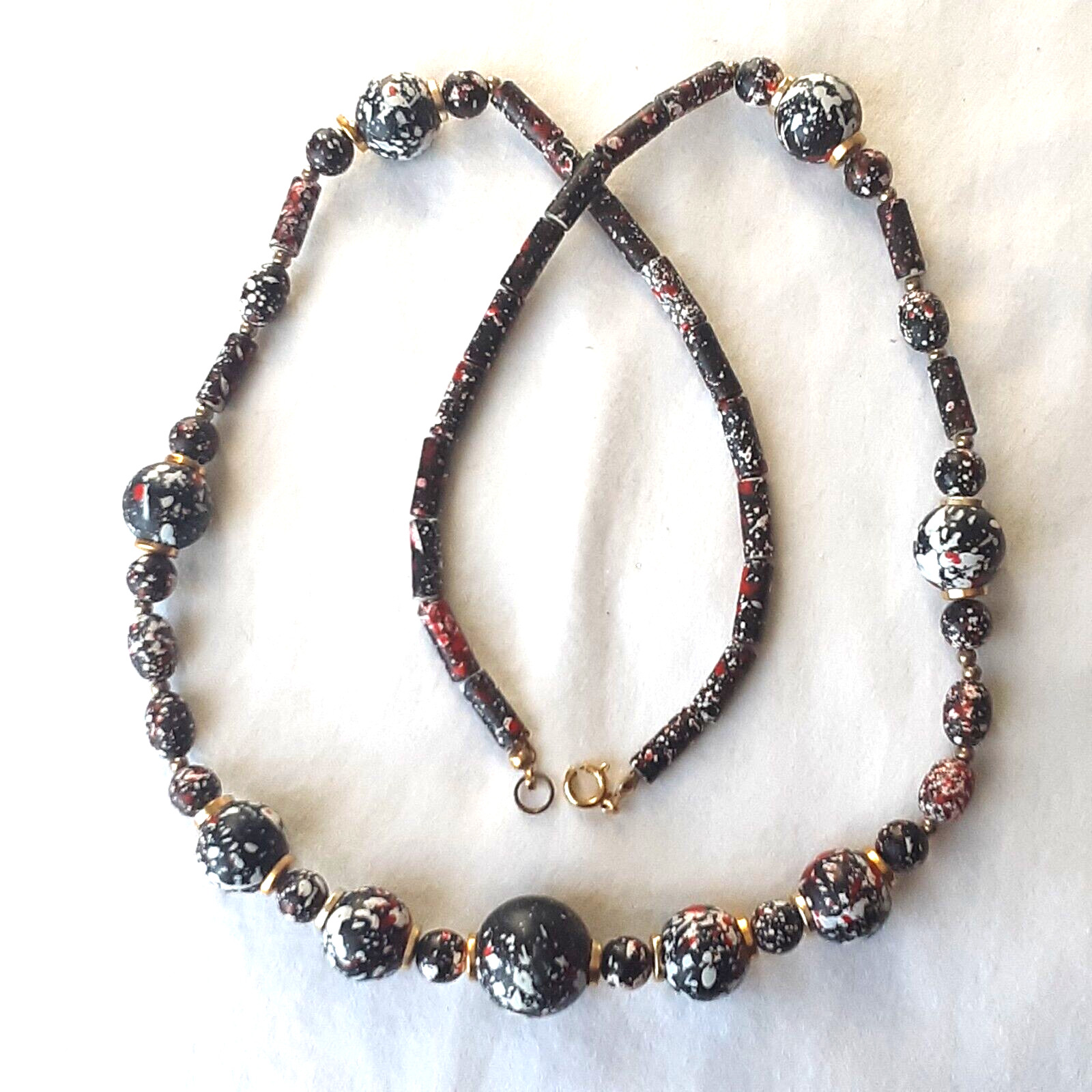 Long Black Multicolor Beaded Necklace White Red Gold Speckled 27″ Long