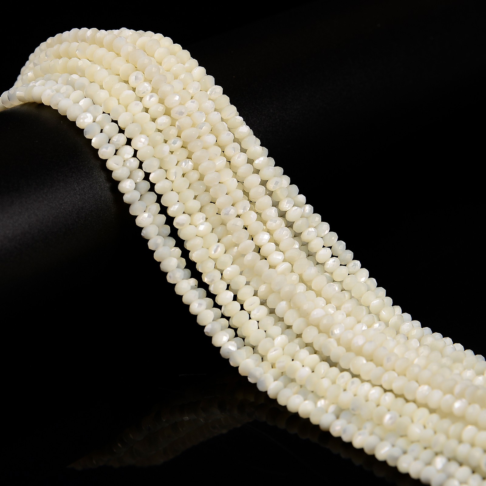 Iridescent White MOP Shell Faceted Rondelle Beads Size 3x4mm 15.5” Strand