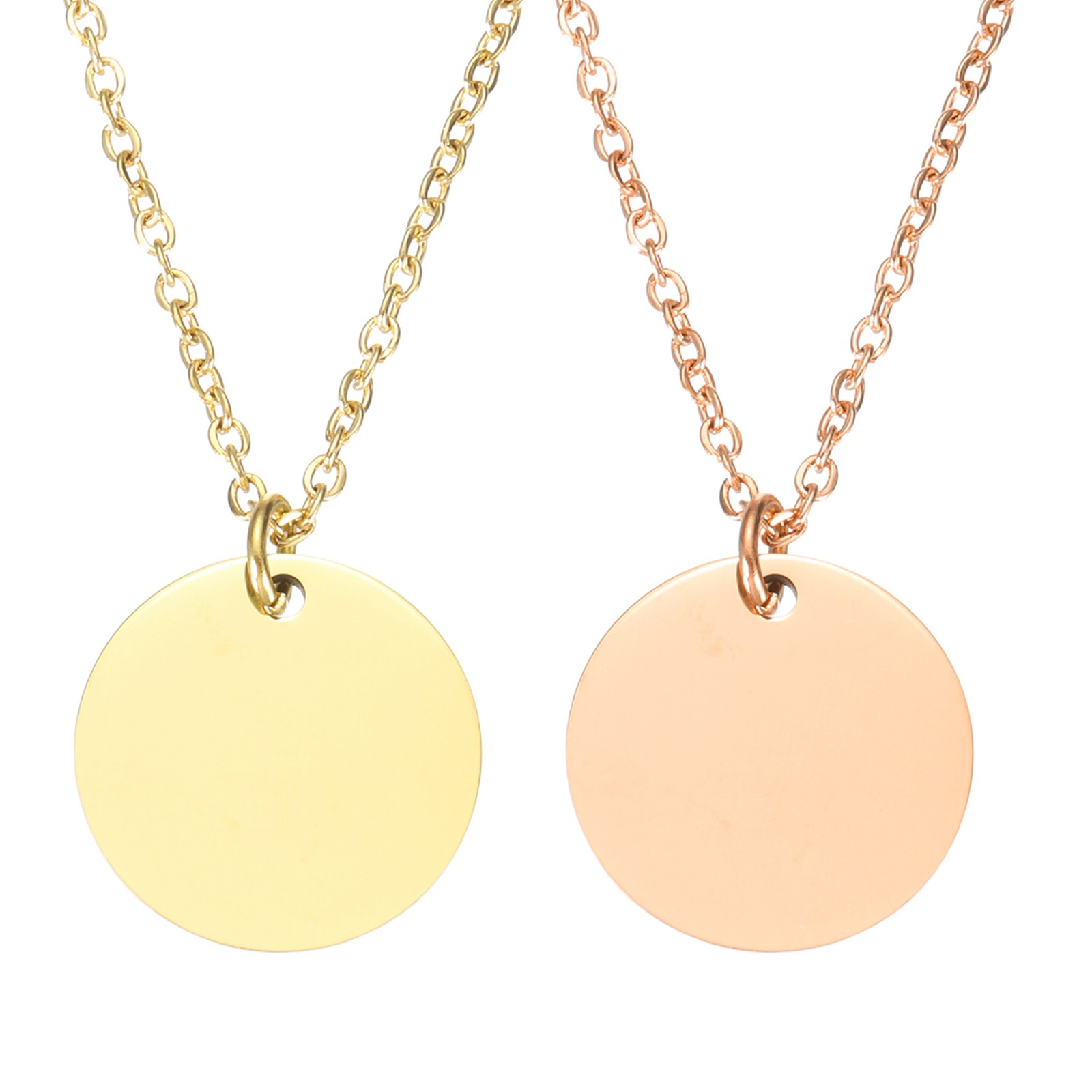 2Pcs Stainless Steel Round Pendant Necklace Engravable(0.8″ Silver/Rose Gold)