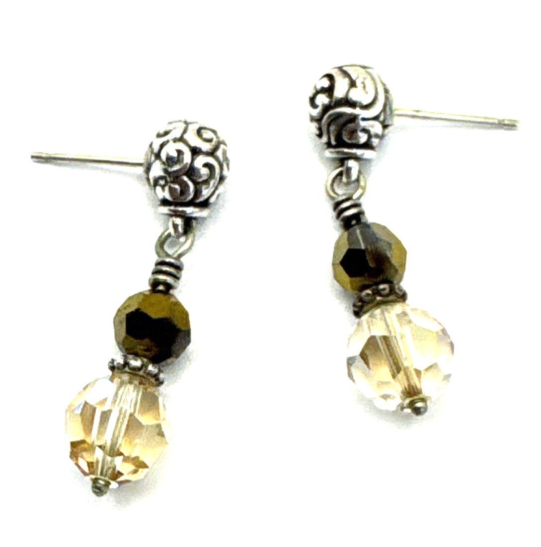 Brighton Cannes Light Ivory Beige & Sparkle Brown Beads Silver Post Earrings