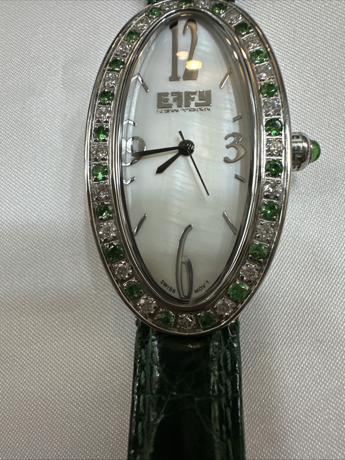 Effy Diamond & Tsavorite 1.78 Ct Swiss Quartz Ladies Watch Green Crocodile Strap