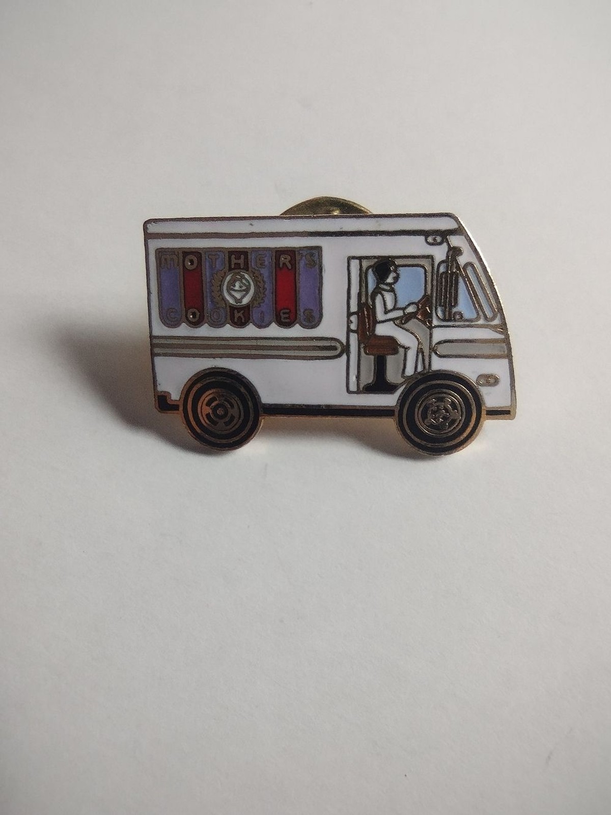 Mother’s Cookies White Enamel Truck Pin with Red and Purple Accents Vintage