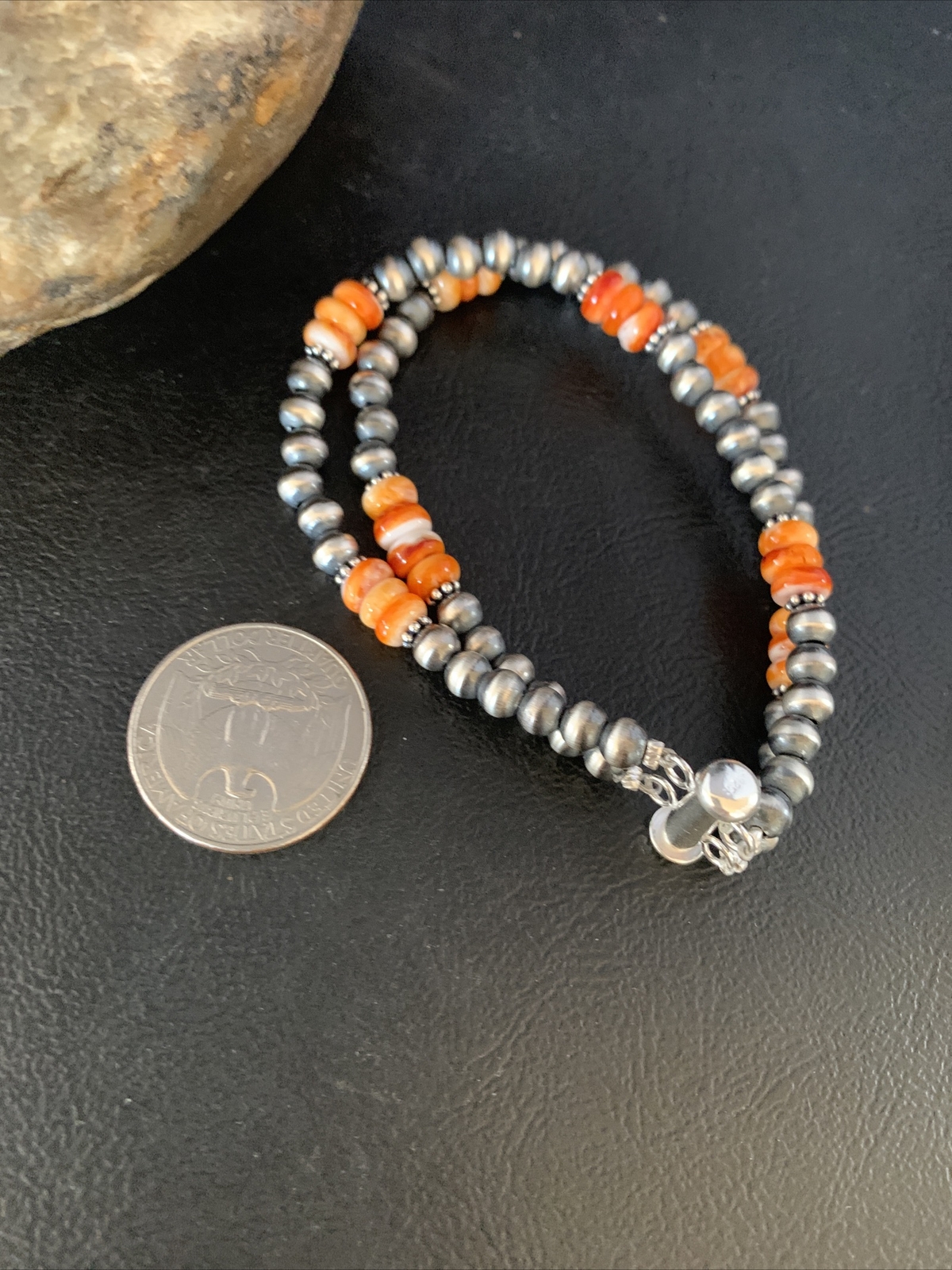 Orange Spiny Oyster Bead Navajo Pearls Sterling Silver Bracelet 7.5″ 13801