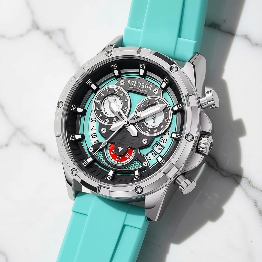Men Sport Chronograph Watch Silicone Band Black Blue Green Teal Dial Wrist Megir