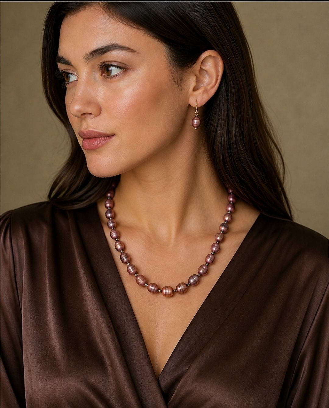 Vintage Maroon-bronze Freshwater Pearl and Stone nugget Set Necklace Earrings