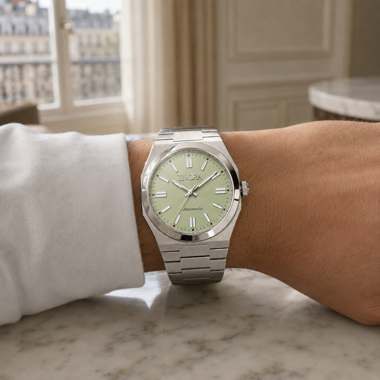 TÍVORÁ Échelon Argent Steel Lime Dial – Custom Branded Automatic Watch
