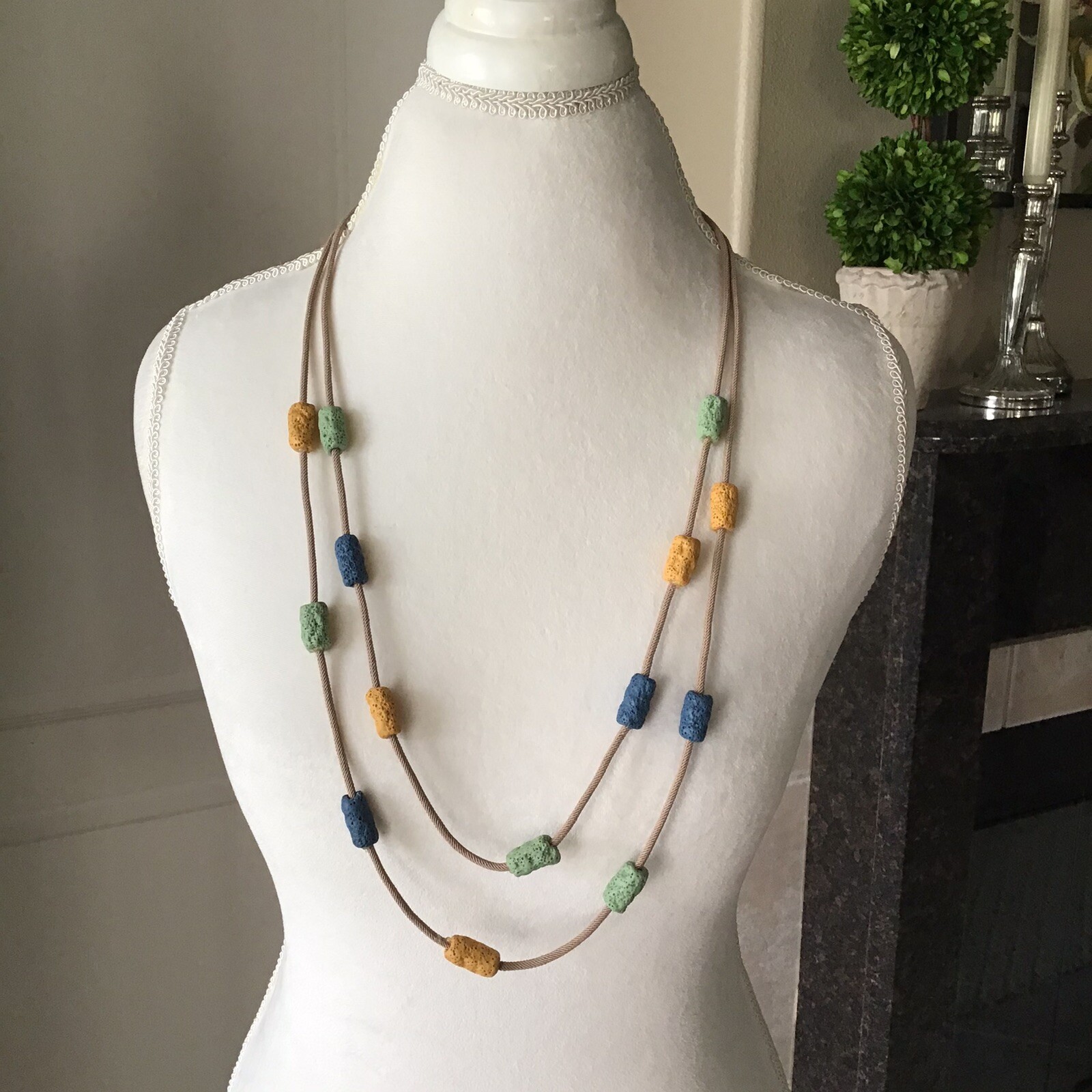 Lava Bead Tube Bead Necklace Earrings SET 2-Strand Boho Blue Green Gold NEW