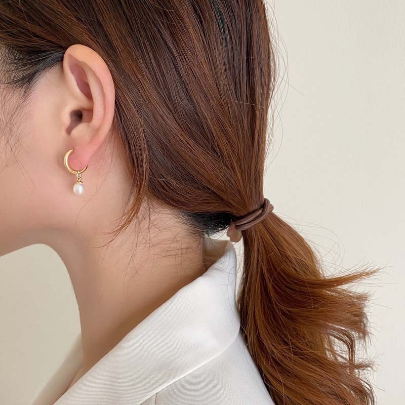 Gold Tone Dangle Drop Teardrop Pearl Small Huggie Hoop Earrings Gift AJ