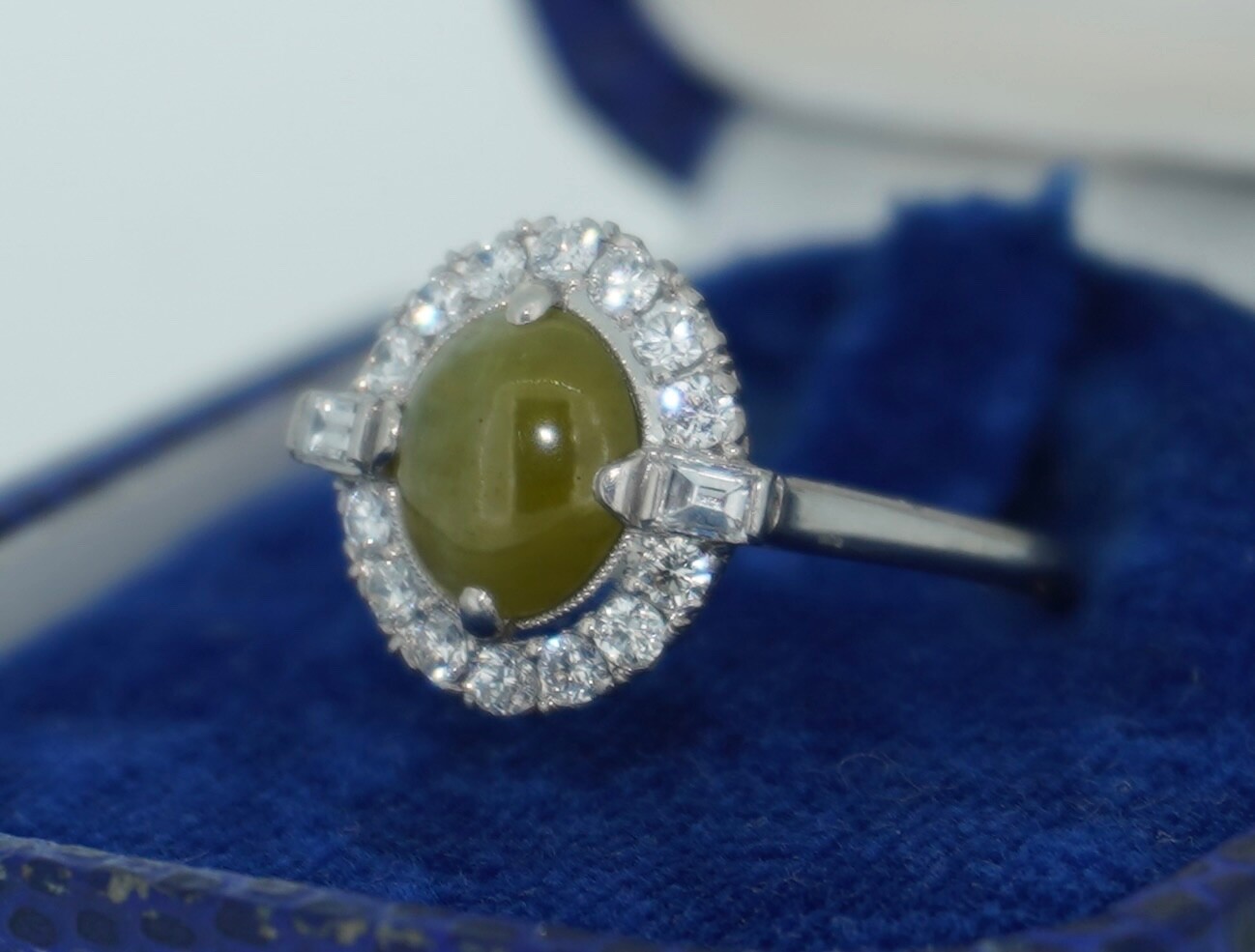 Platinum Cats Eye Chrysoberyl and Diamond Halo Ring