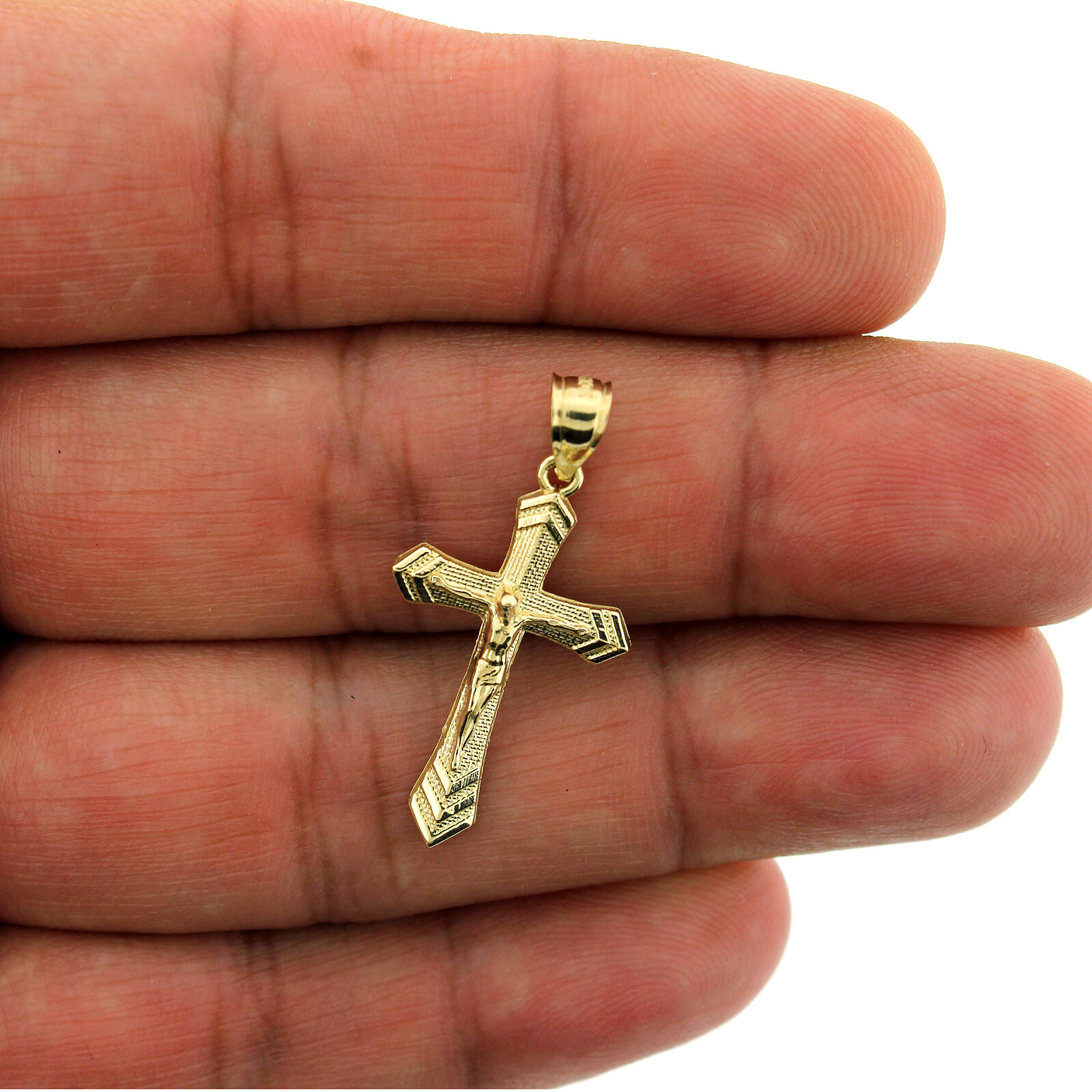 Real 10K Yellow Gold Diamond Cut Jesus Crucifix Cross Charm Pendant & Rope Chain