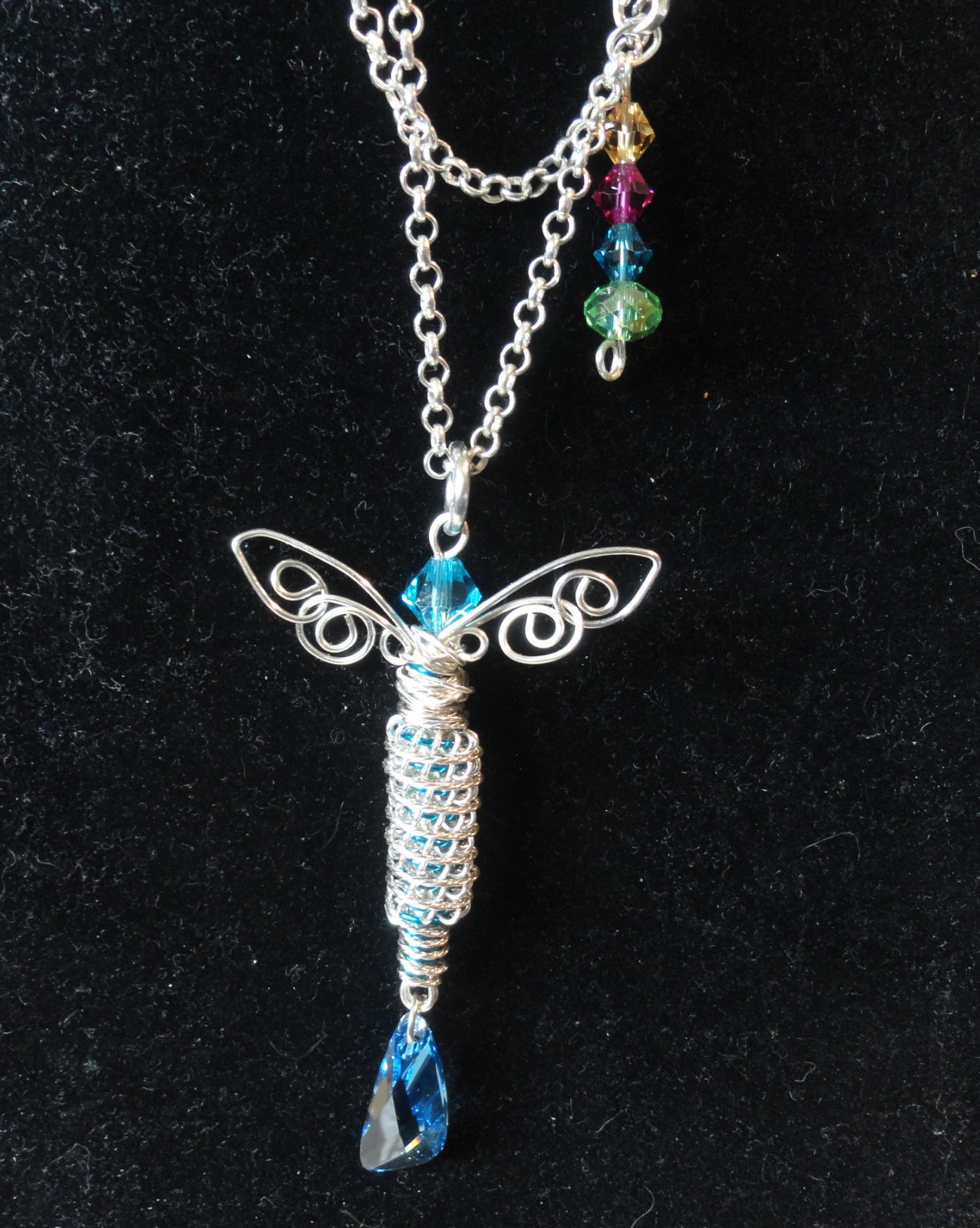 #9305 Silver/Blue Dragonfly Pendant with Swarovski Crystal Drop and Chain.