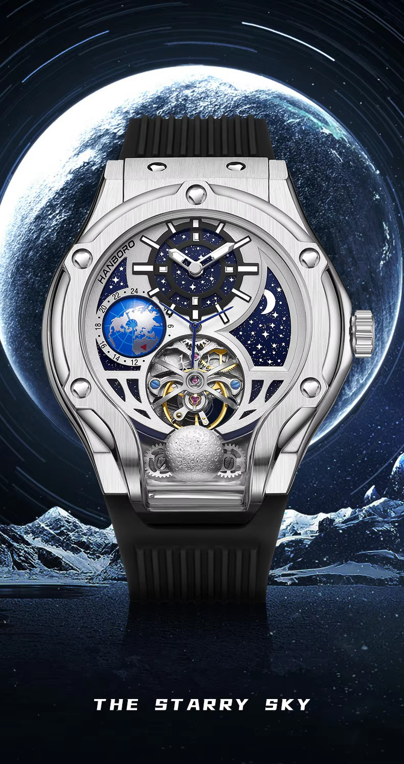 HANBORO Men Automatic Watch Sapphire Crystal Stainless Steel Skeleton H980 Silve
