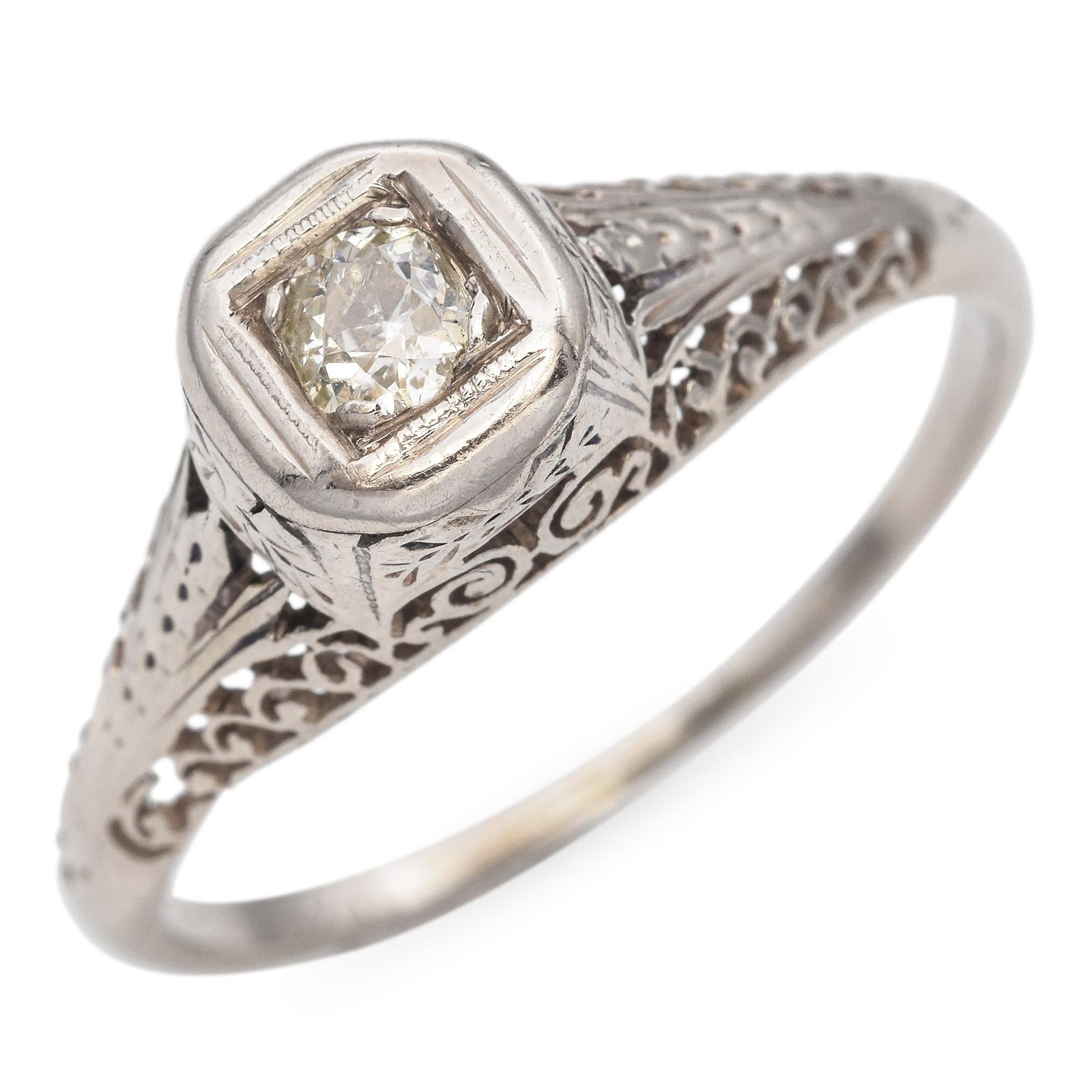 Vintage White Gold 0.11ct Old Euro Diamond Filigree Engagement Ring