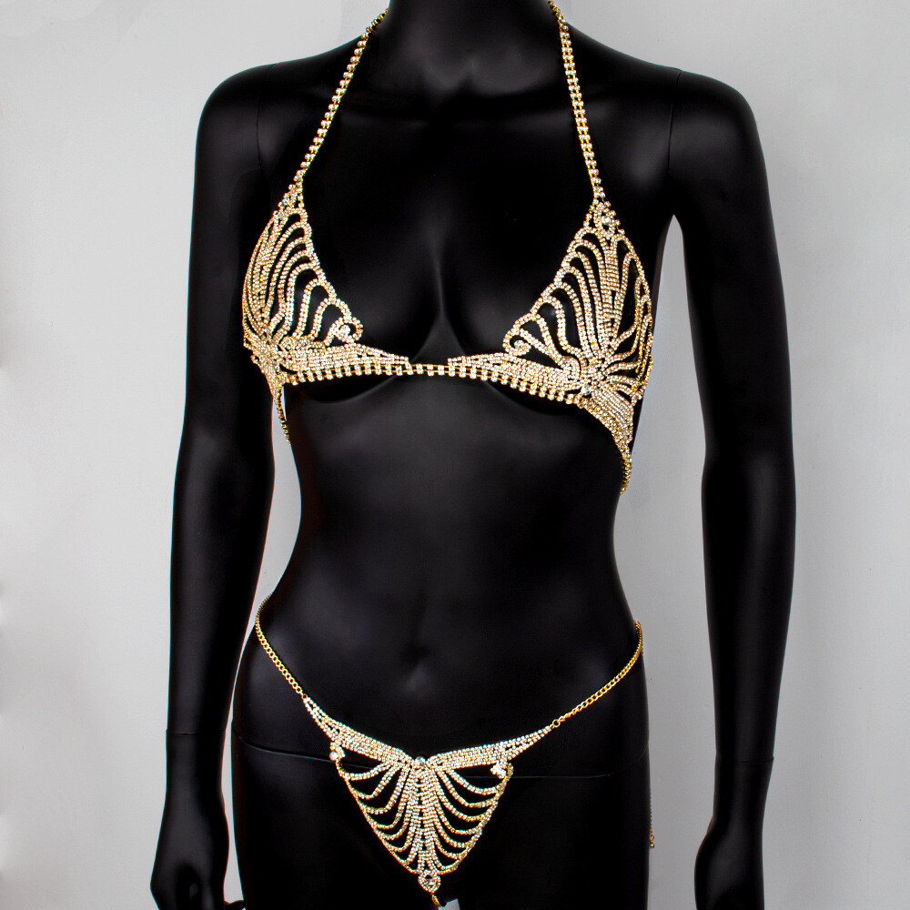 Women’s Rhinestone Chain Lingerie Bra Thong Set Bikini Body Jewelry Chain Gift！！
