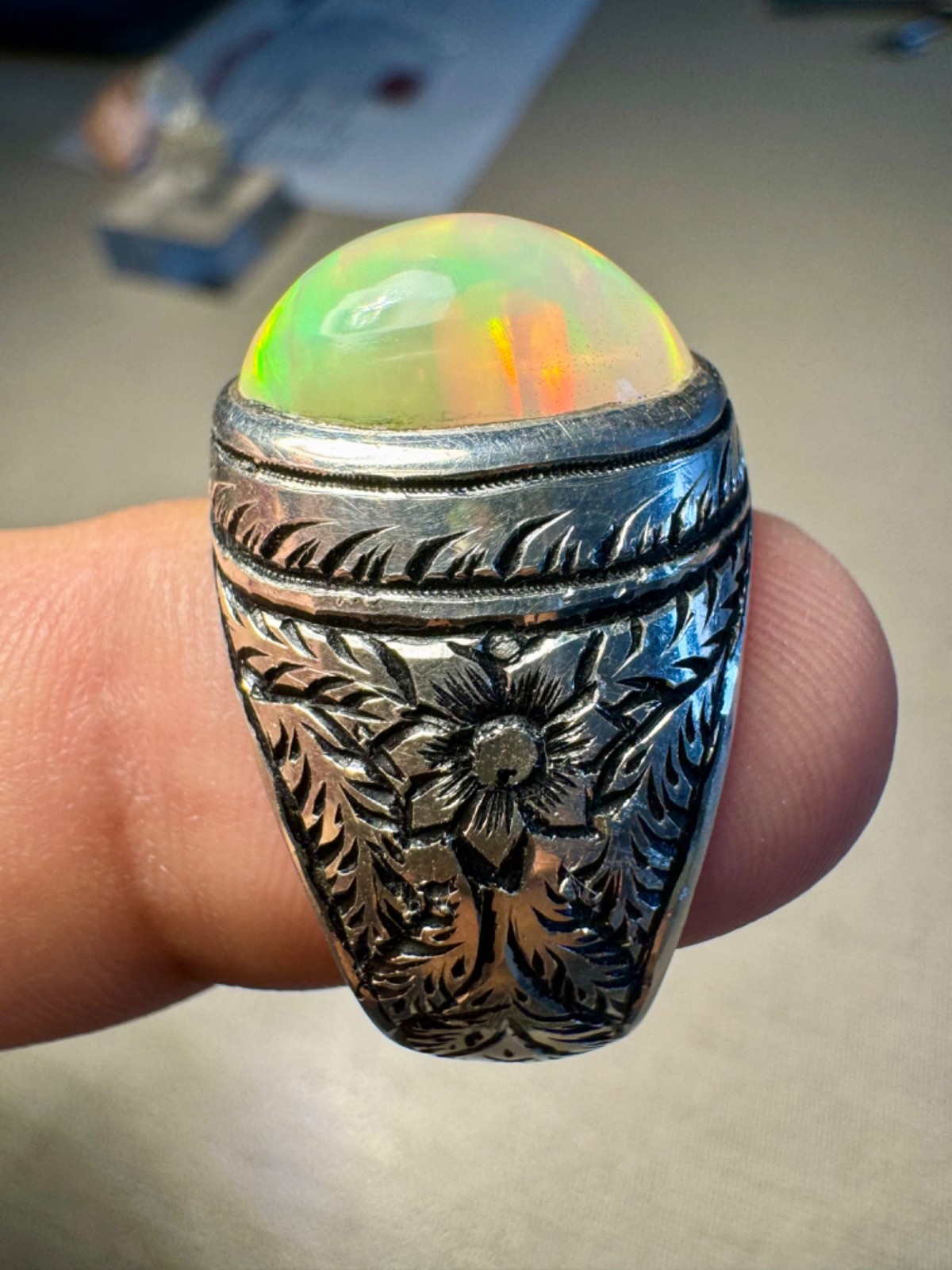 6.90 carats Natural Ethiopian White Opal Handmade Size 11.5 Silver Ring for Male