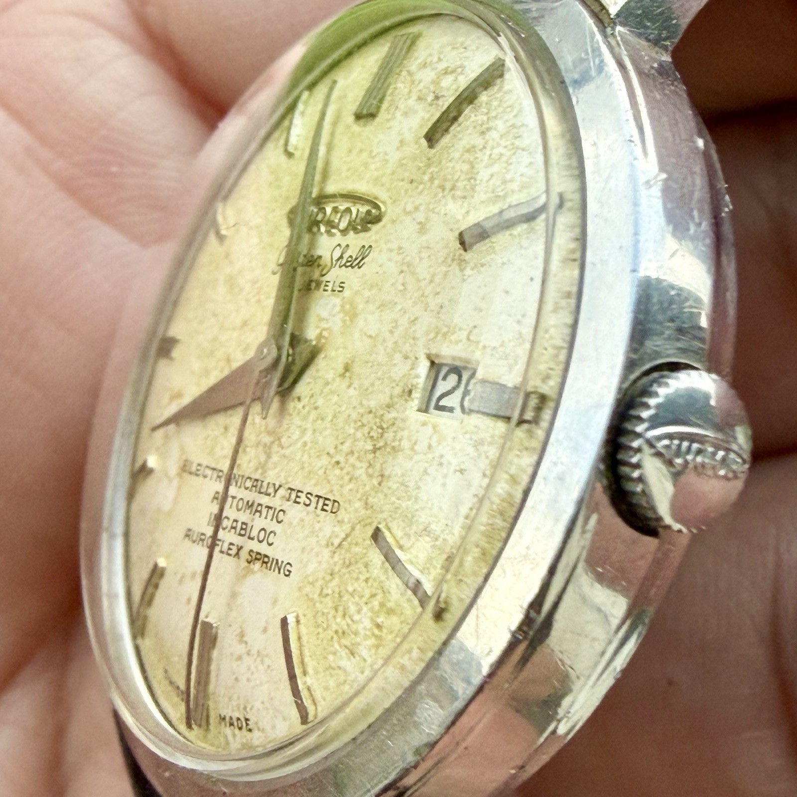 Vintage Aureole Golden Shell Manual Wind Patina Dial Men’s 35mm Watch RUNS!