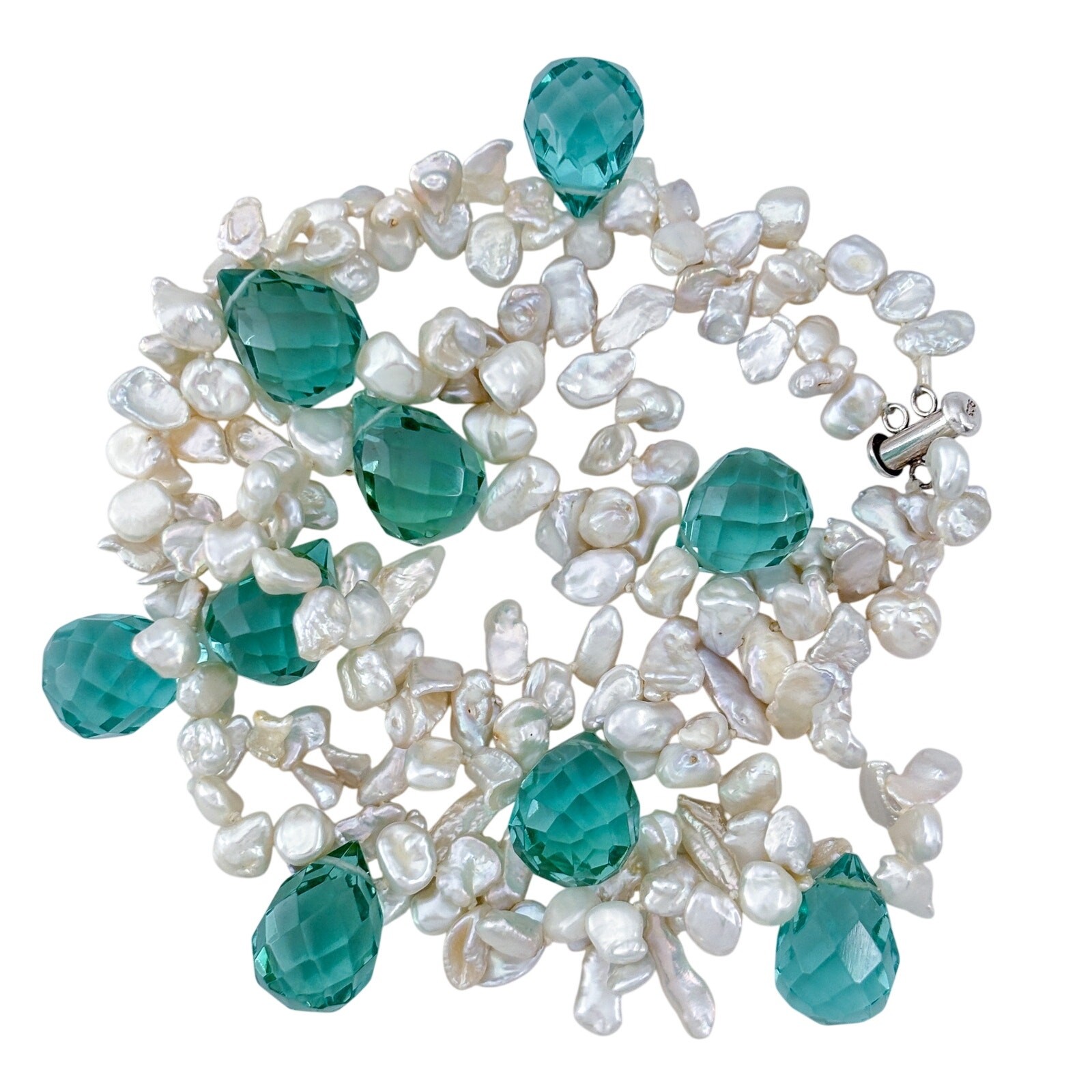 Vintage Sterling Silver 925 Pearl Teal Faceted Crystal Prism Necklace 19″