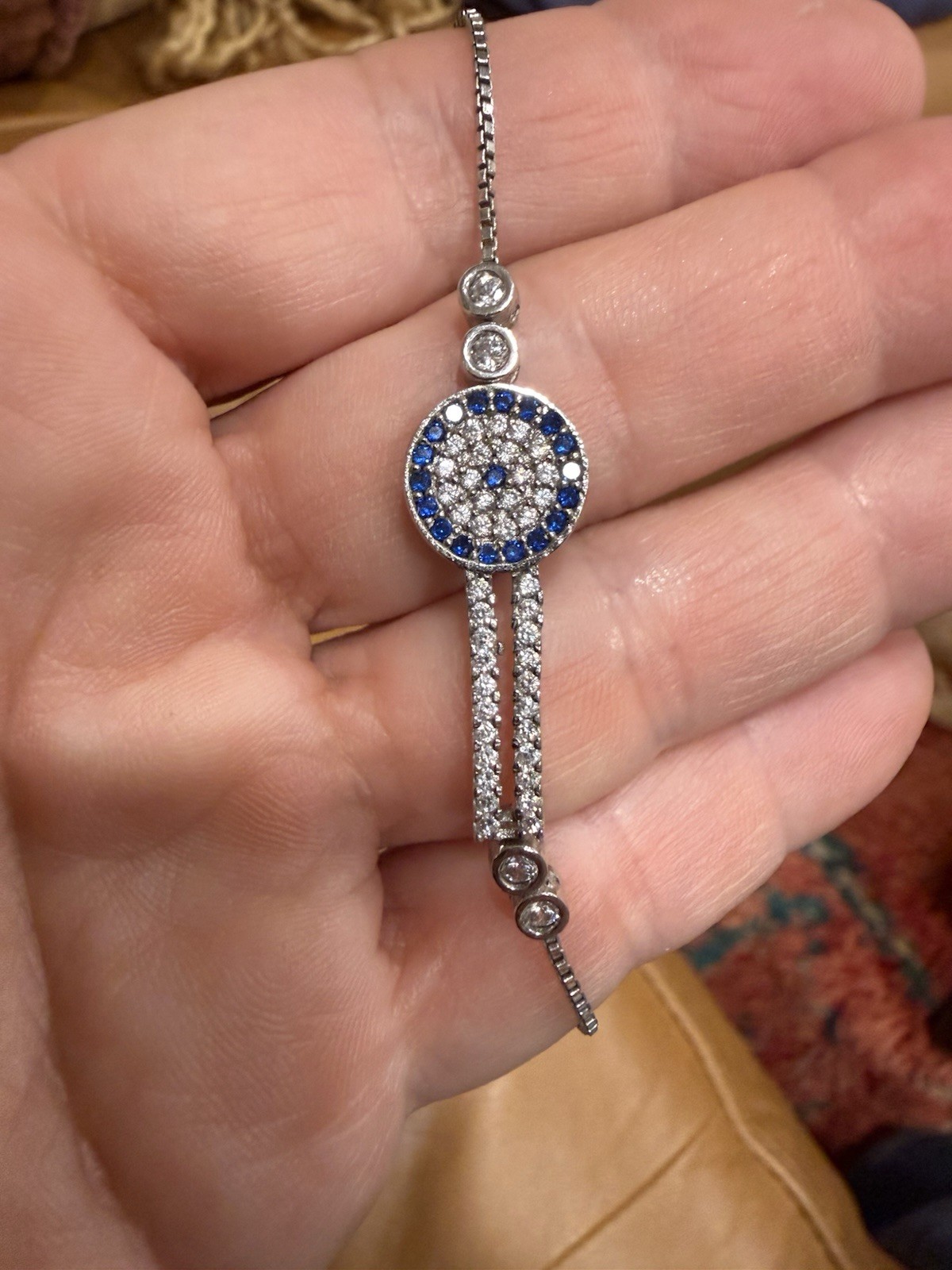 NWT Sterling Silver 925 Blue Evil Eye Adjustable Slider Bracelet CZ Gift New