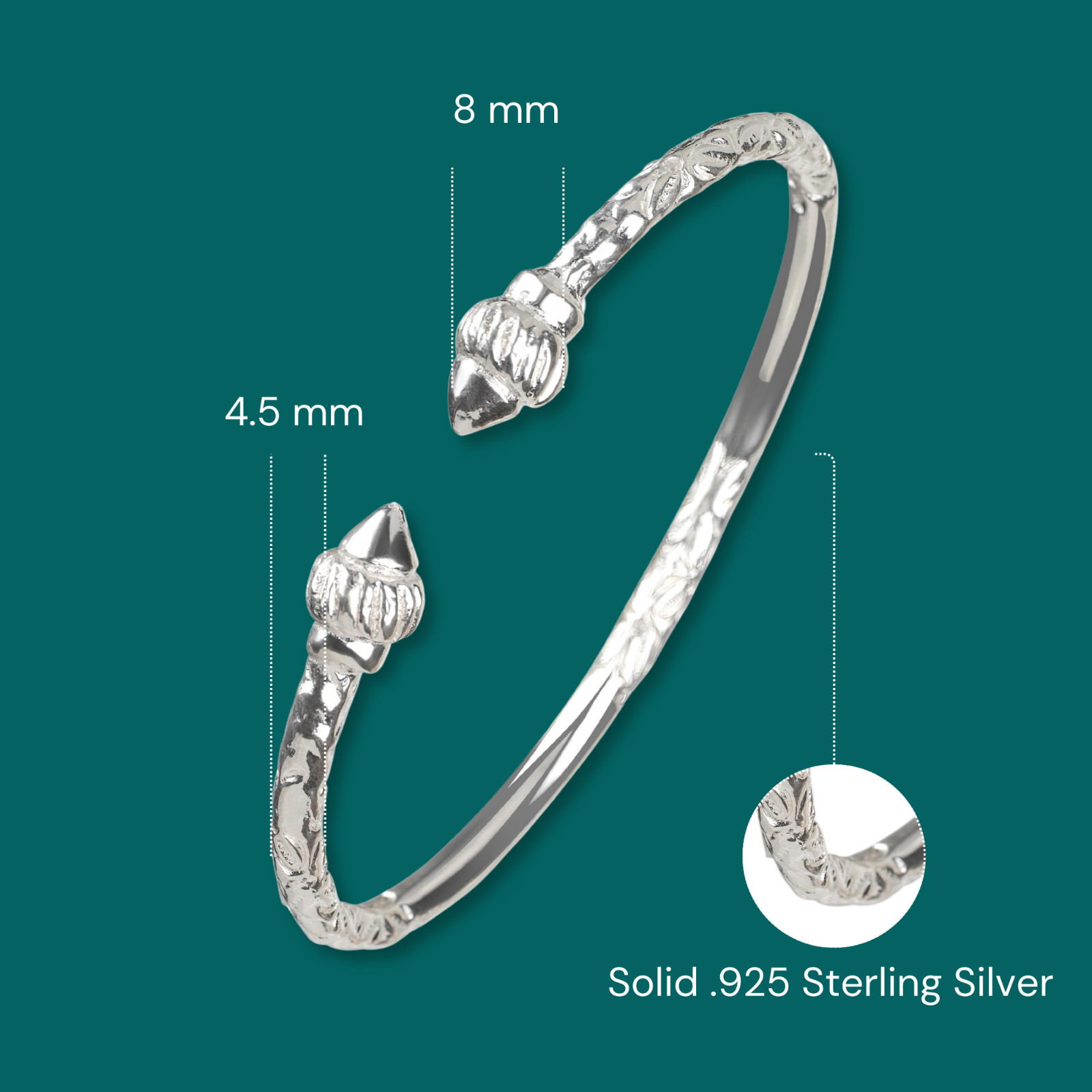 Ridged Arrow Taj Mahal .925 Sterling Silver West Indian Bangle, 1 piece