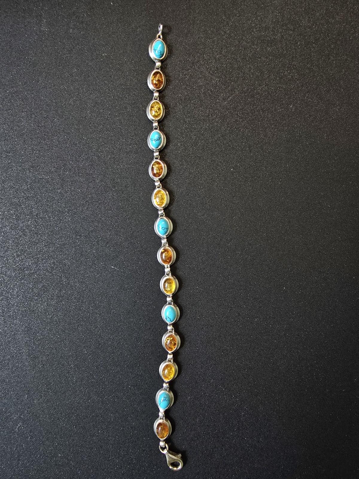 Gemstone Link Bracelet Sterling Silver with Baltic Amber and Turquoise 7.25″