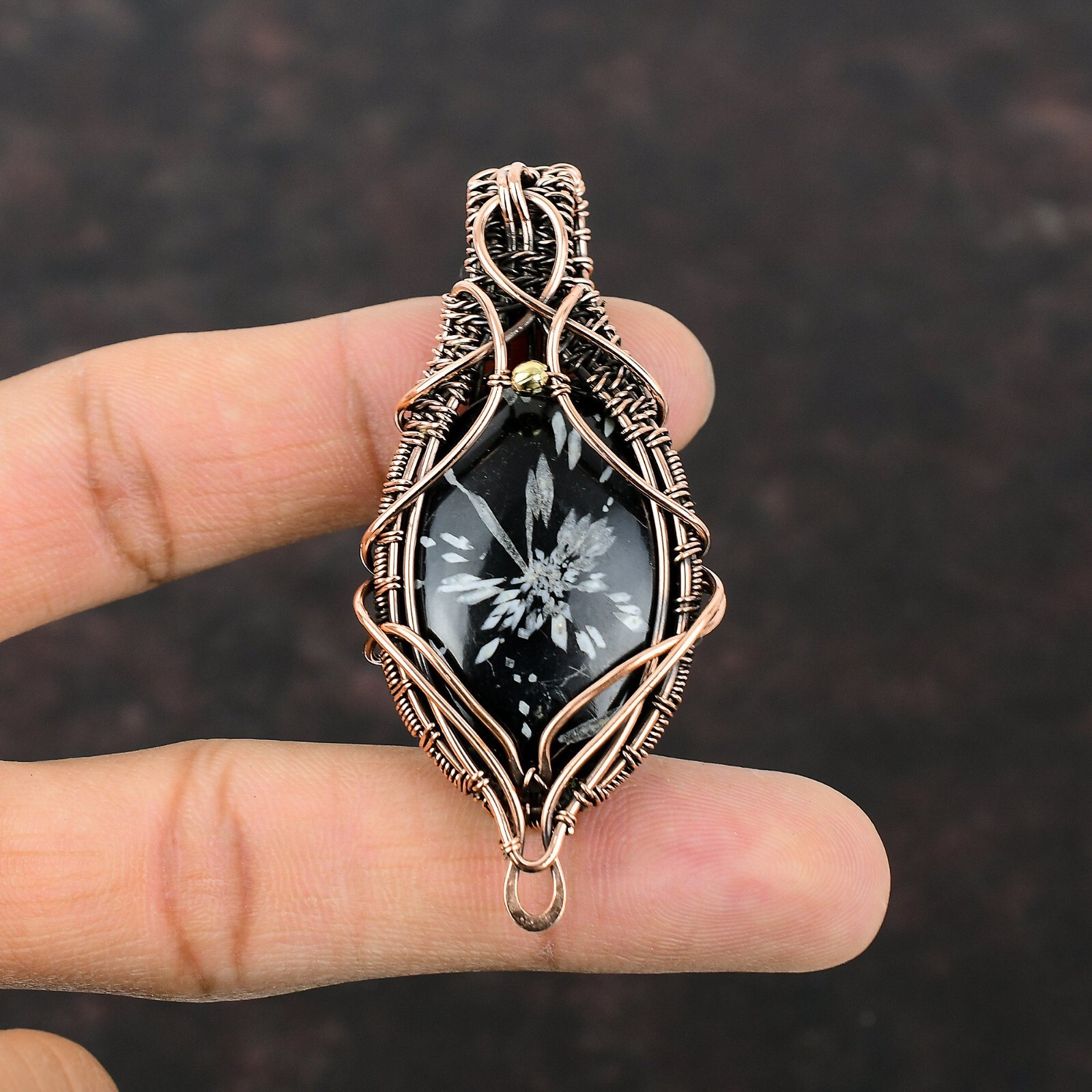 Chrysanthemum Gemstone Jewelry Copper Gift For Mother Wire Wrapped Pendant 2.72″