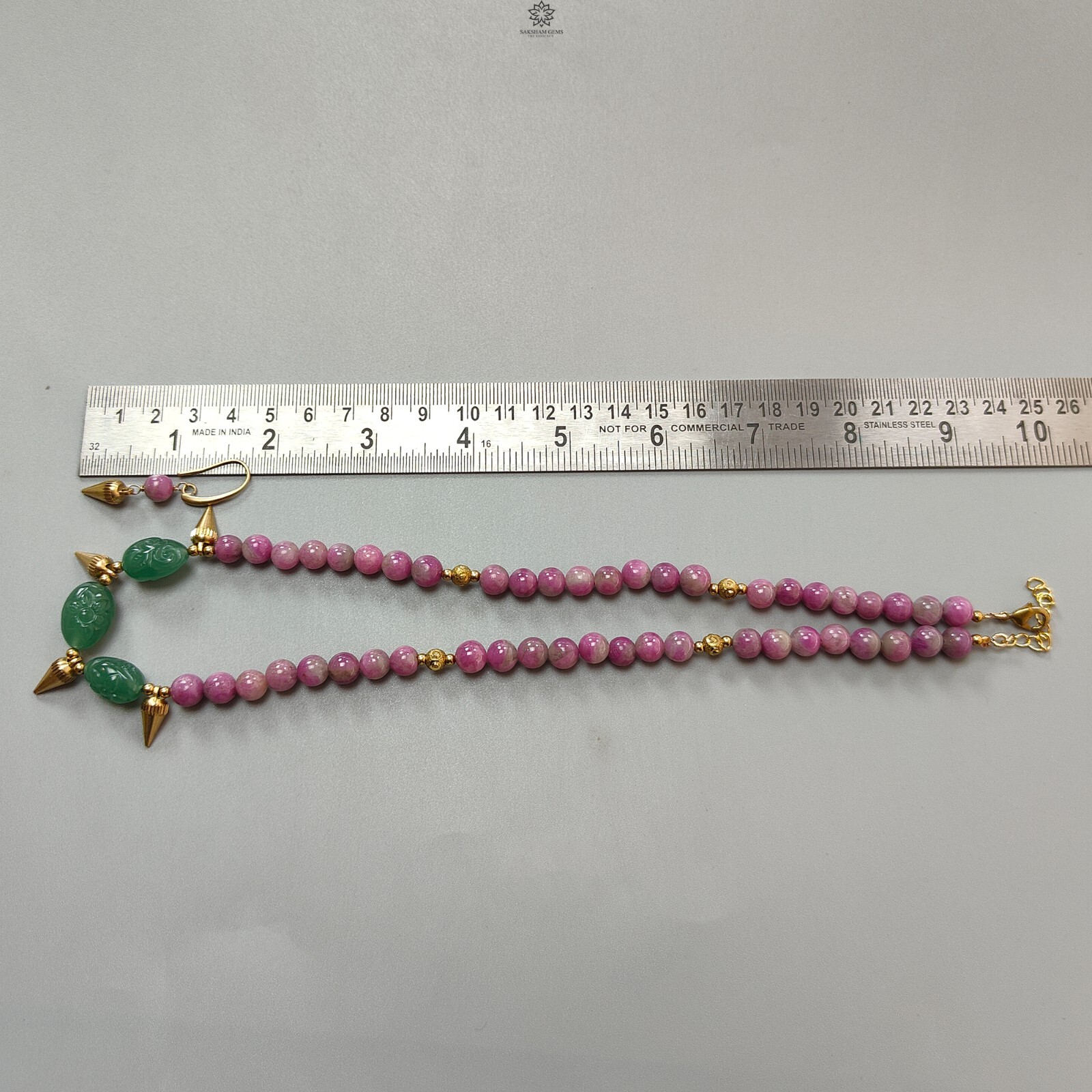 285.90ct Ruby Zoisite, Jade Round Plain Brass Necklace Earring Jewelry Set 18.5″