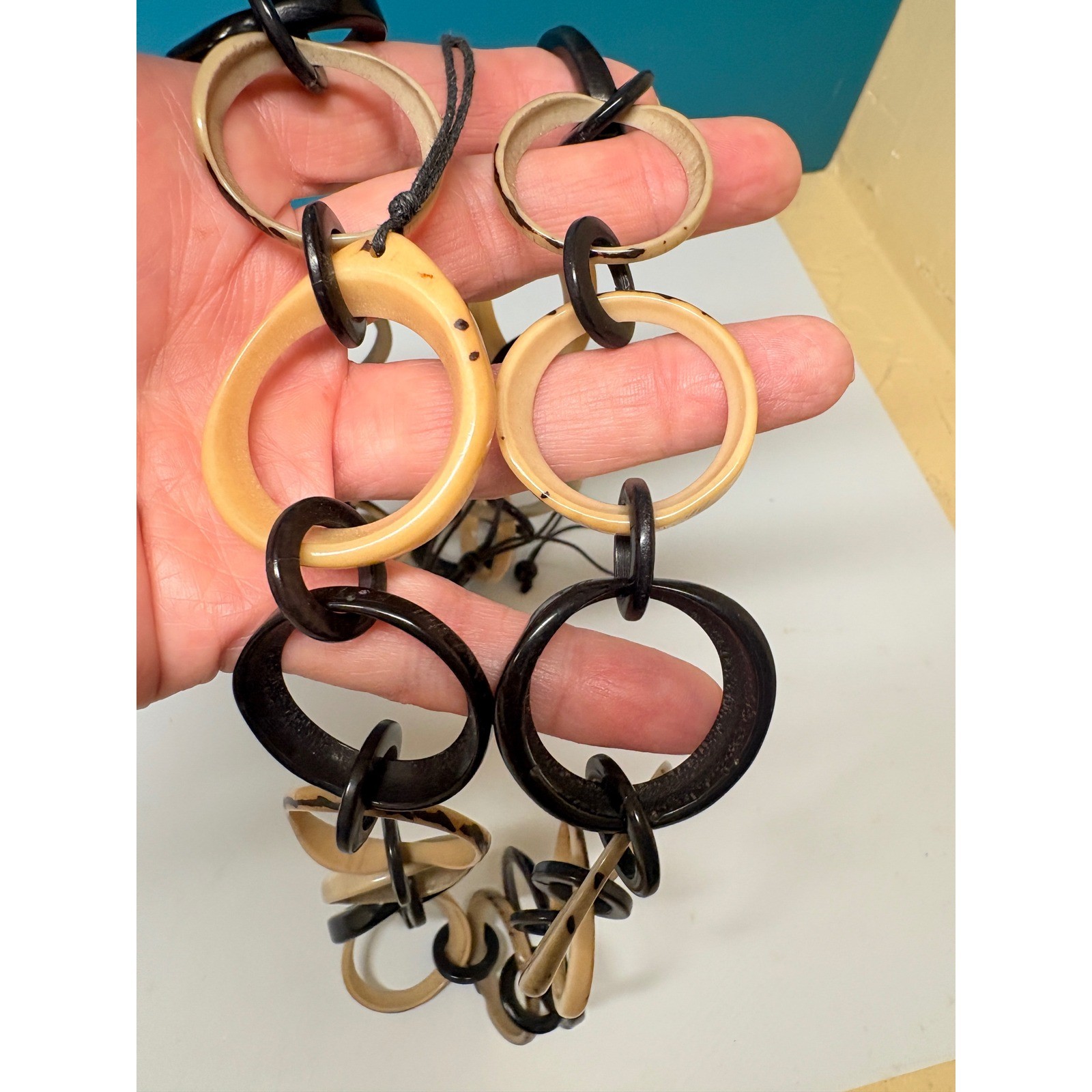 Vintage Style Black Cream Resin Link Statement Necklace Adjustable Cord