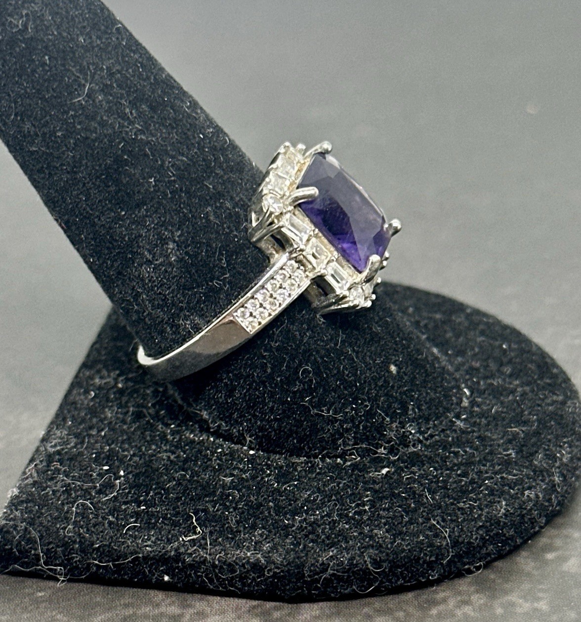 Vintage Purple Emerald Cut Halo Statement Ring Silver Tone Size 9