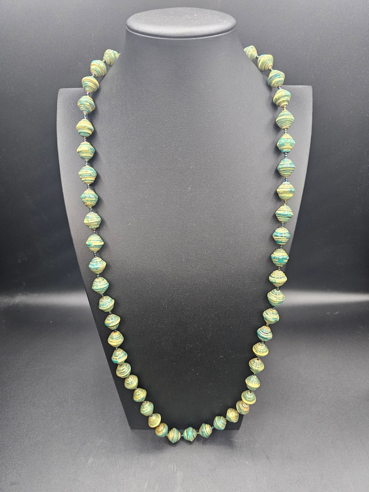 Handmade Recycled Paper Bead Strand Necklace Teal Tan Artisan Boho