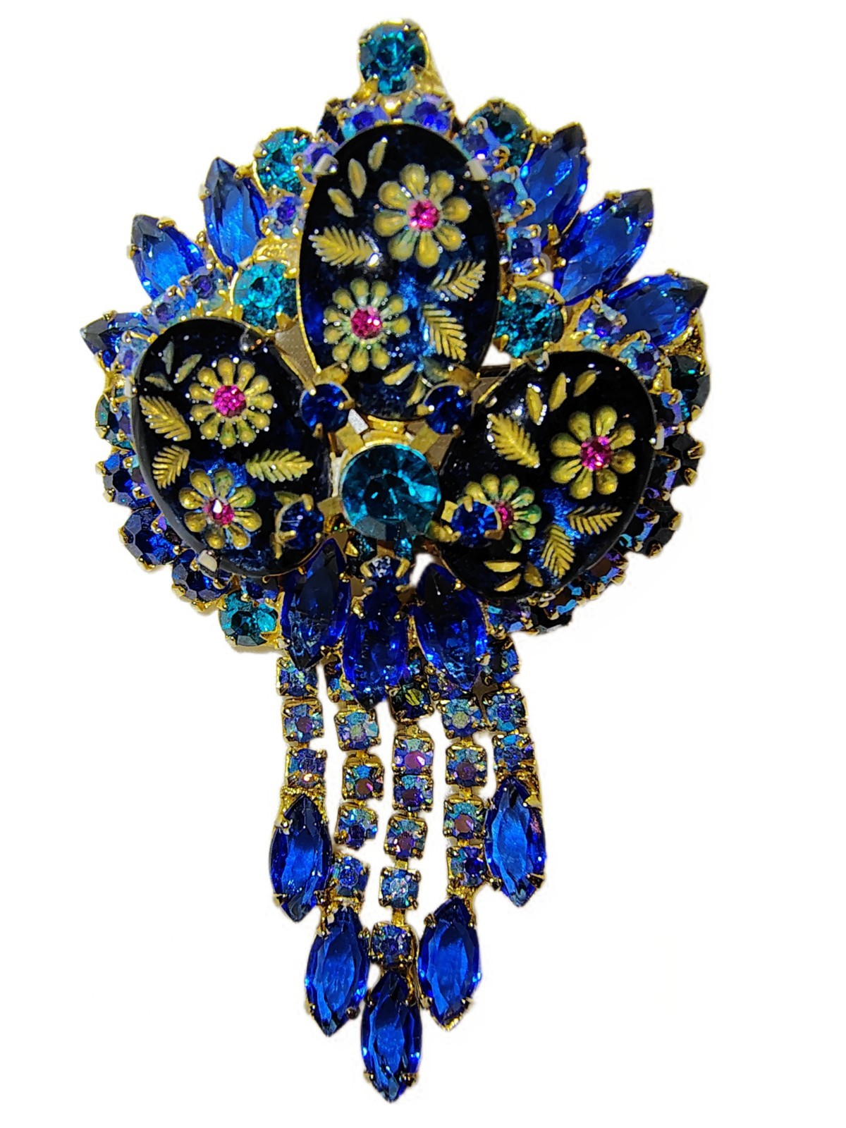 Juliana “Fruit Bowl” Sapphire Blue Waterfall, Carved Pendant Brooch 60’s Book Pc