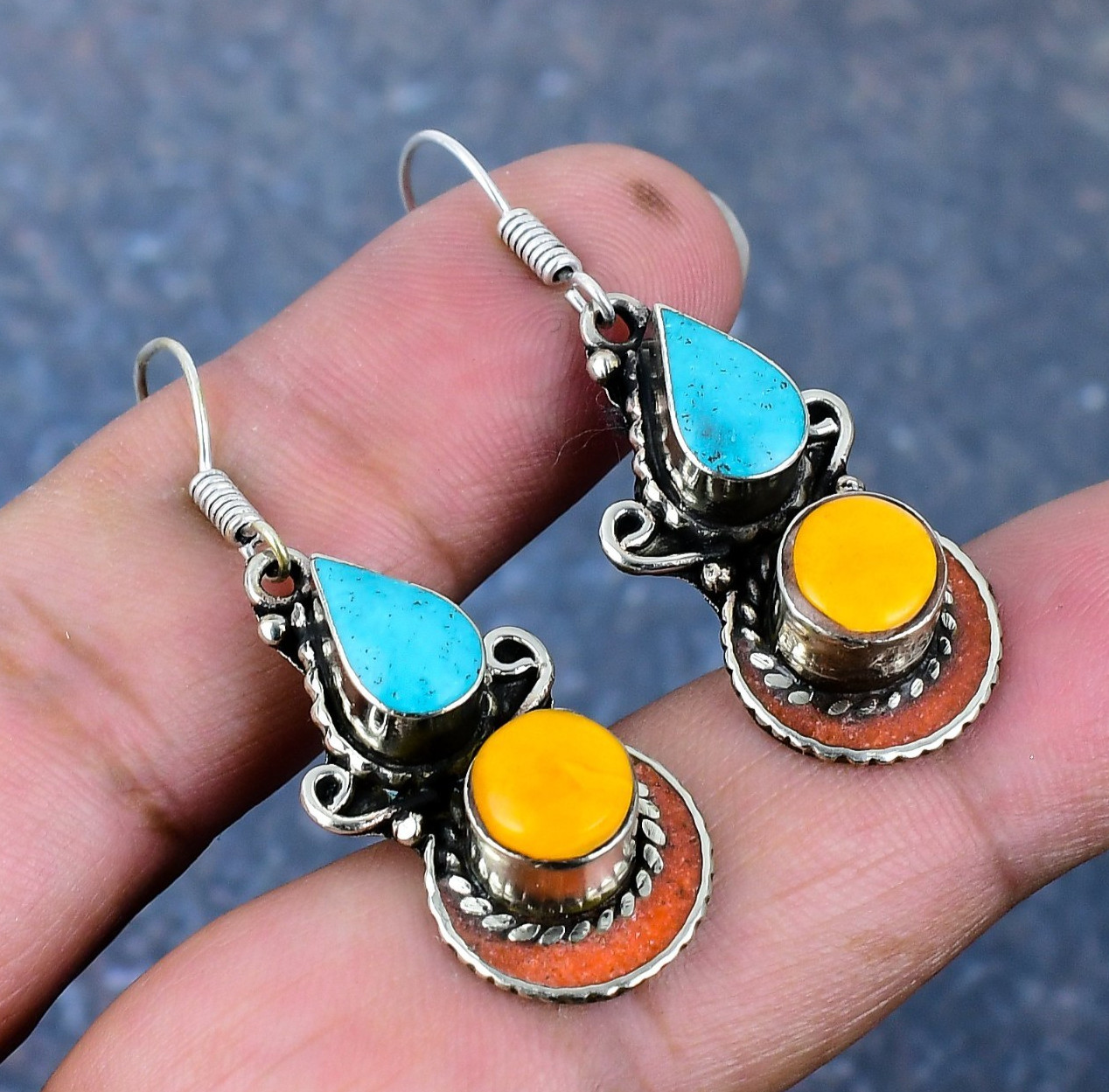 Blue Turquoise & Coral Gemstone 925 Silver Earrings Handmade Nepali Jewelry