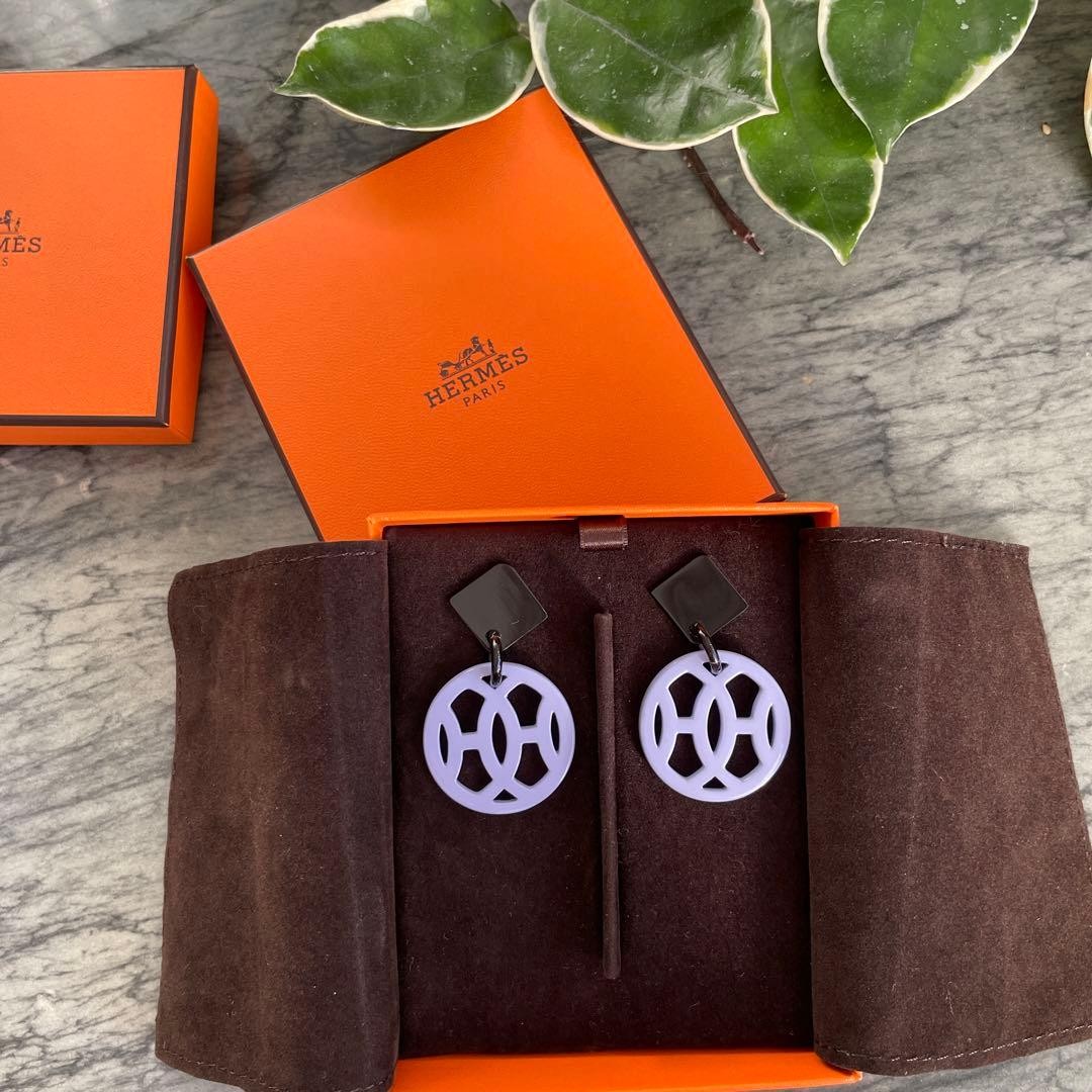 Final SALE!! HERMES Earrings Buffalo Horn Purple with Box