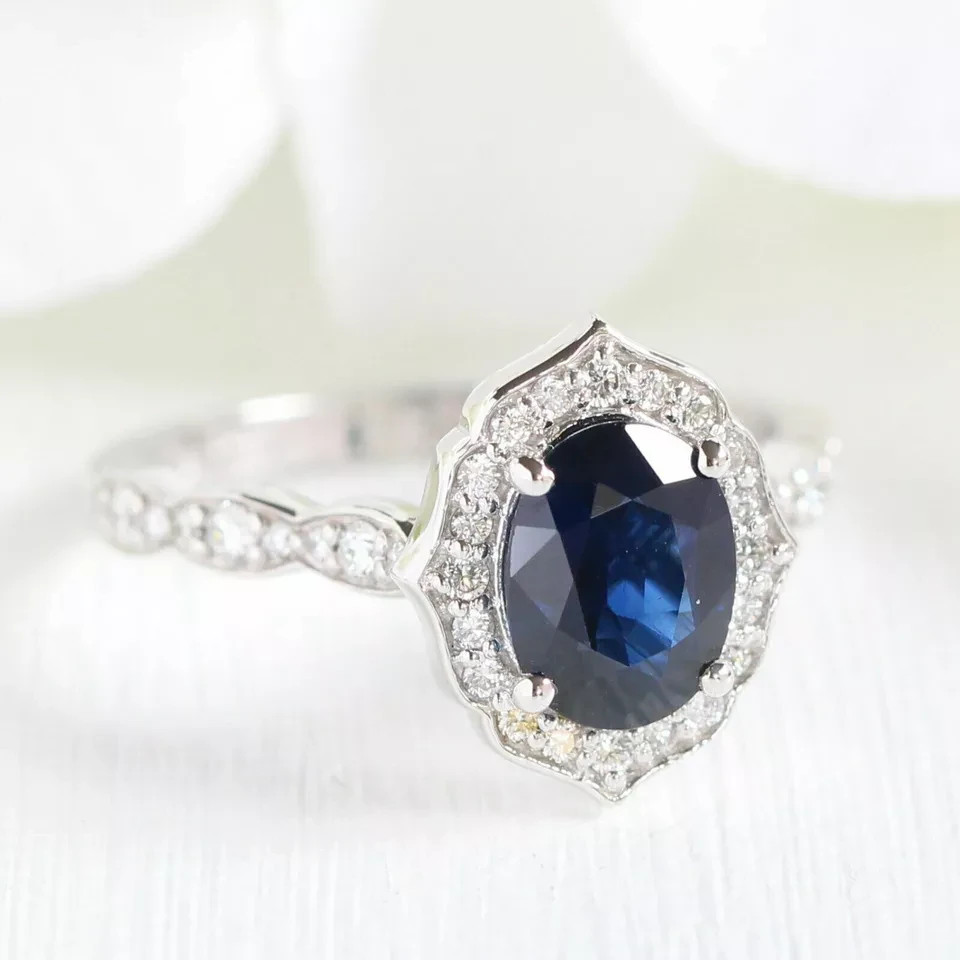 3.40 Ct Oval Natural Sapphire & Diamond Engagement Ring 14K White Gold Size 5